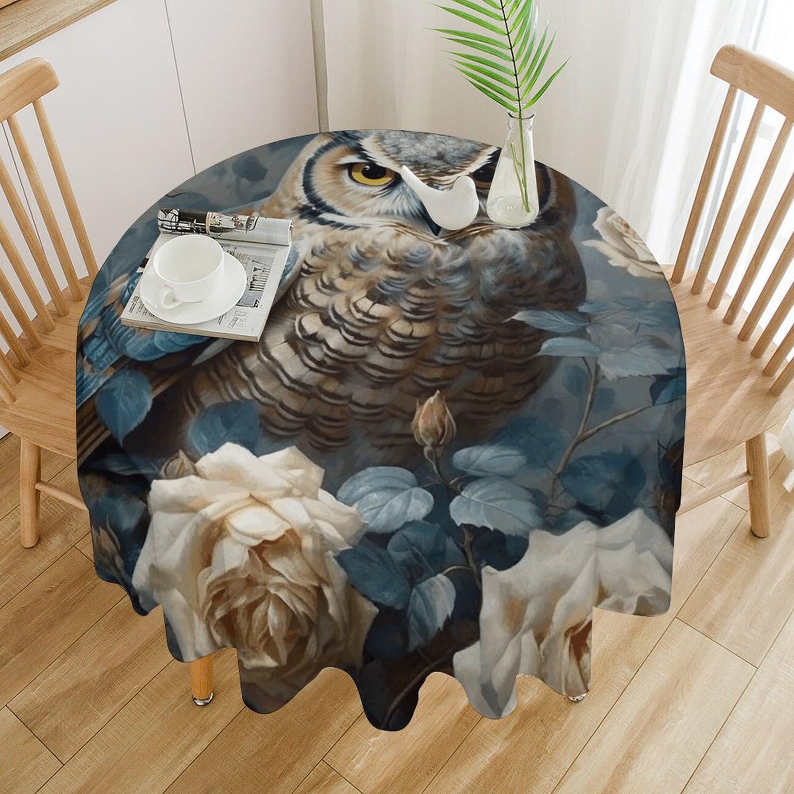Nappe ronde imperméable motif hibou et rose design élégant 152 cm