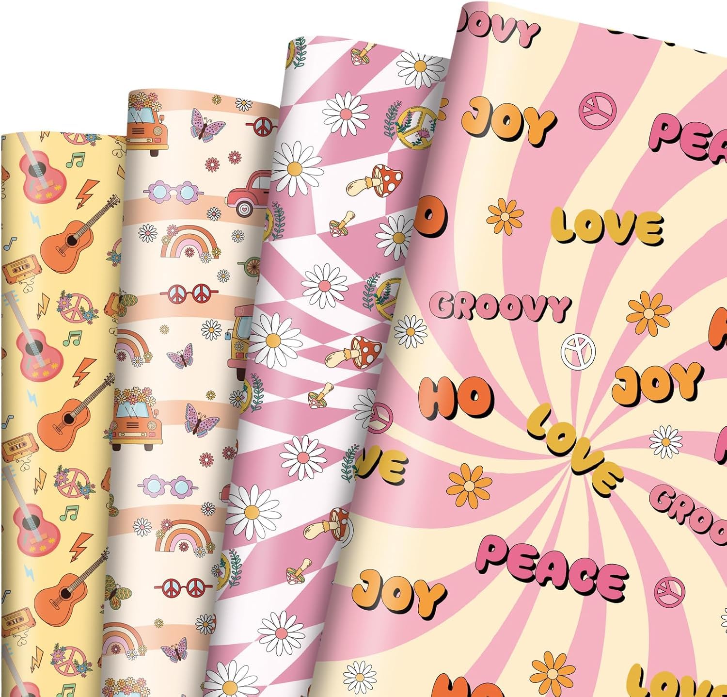 GleeWrap Hippie Wrapping Paper, Retro Music Gift Wrap with Guitar, Peace Sign & Groovy Floral Designs for Teen Girls Birthday, Party & Baby Shower, 12 Sheets 50x70cm