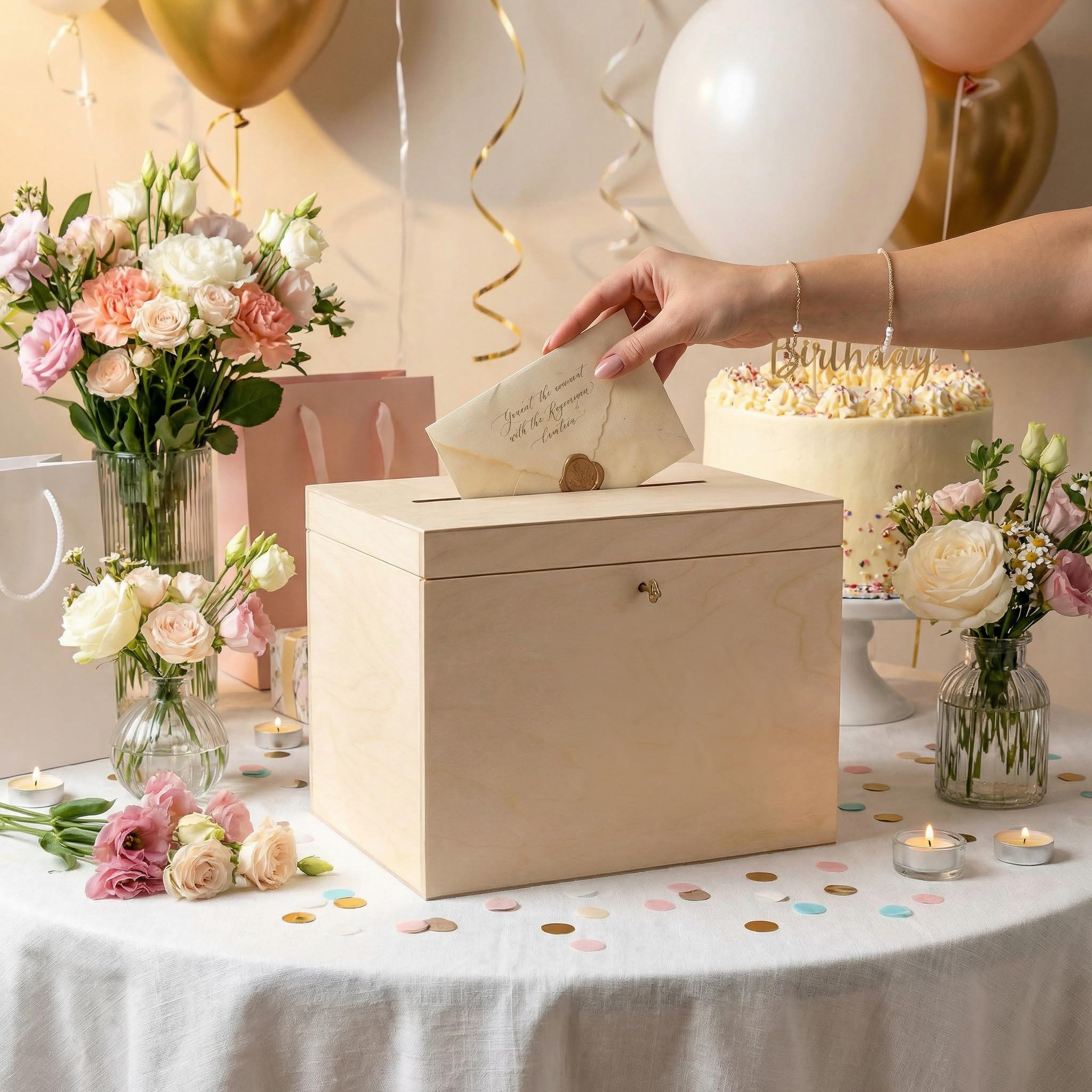 Creative Deco Scatola Porta Buste in Legno per Matrimonio | 29 x 20 x 22 cm | Salvadanaio non Apribile con Coperchio, Serratura e Chiave | Scatola Regalo, Porta Carte | Cassetta Decoupage