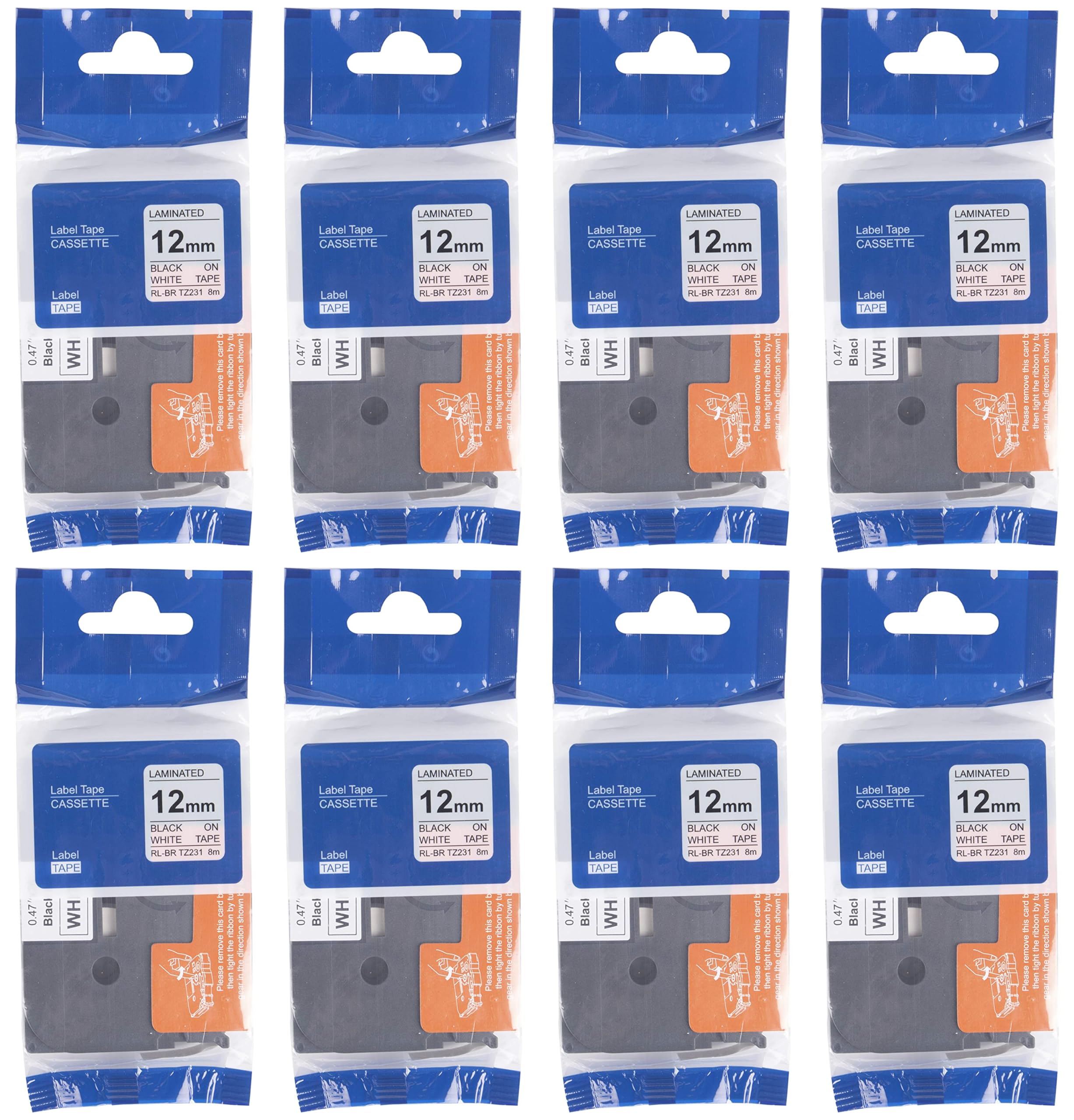 Compatible for Brother TZ Label Tape Black On White (Compatible TZ 231 12MM) (Pack of 8)