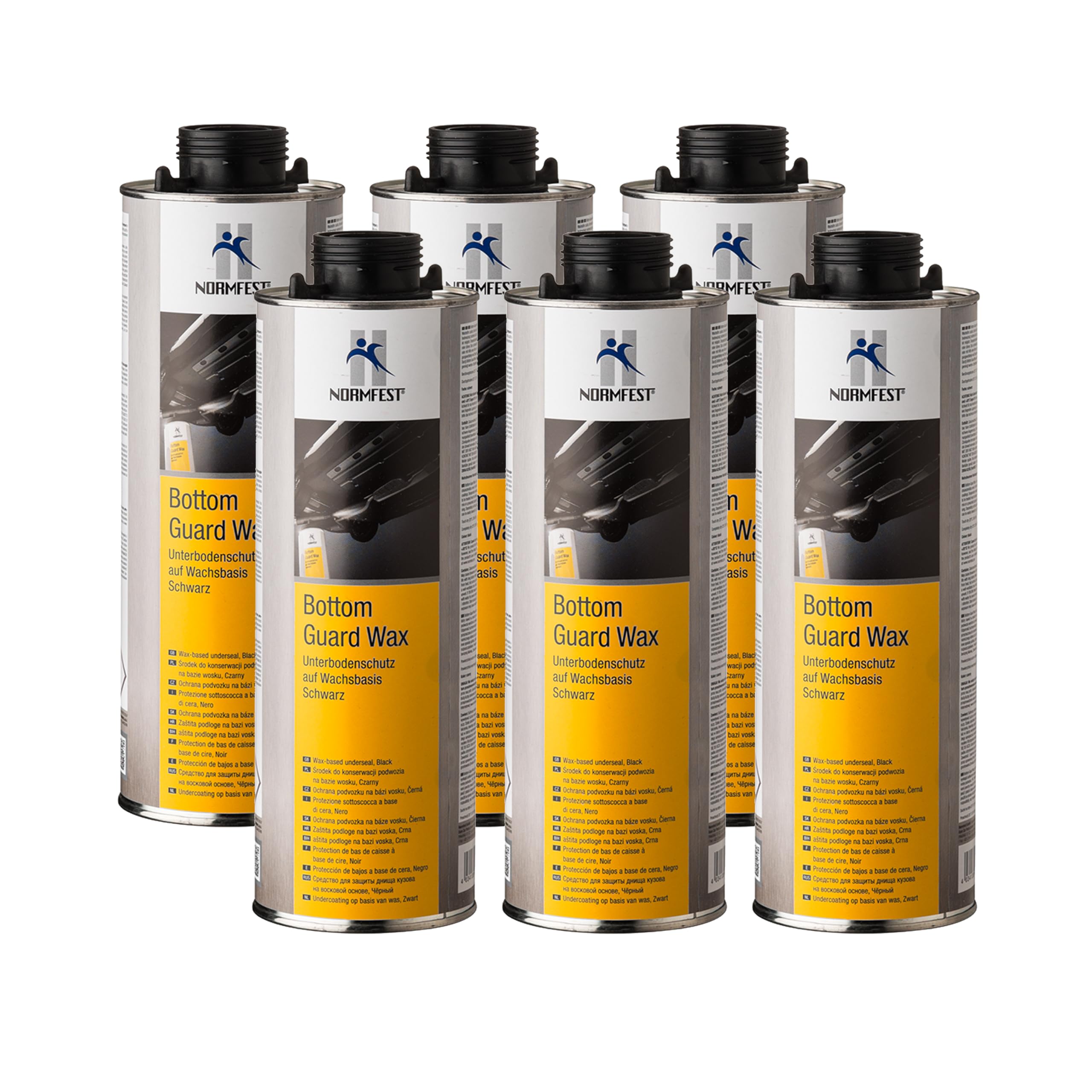Normfest Bottom Guard Wax – Schwarzer Unterbodenschutz auf Wachsbasis mit selbstheilendem Korrosionsschutz, temperaturbeständig bis 180 °C, haftet auch auf PVC-Beschichtungen – 6x 1 Liter