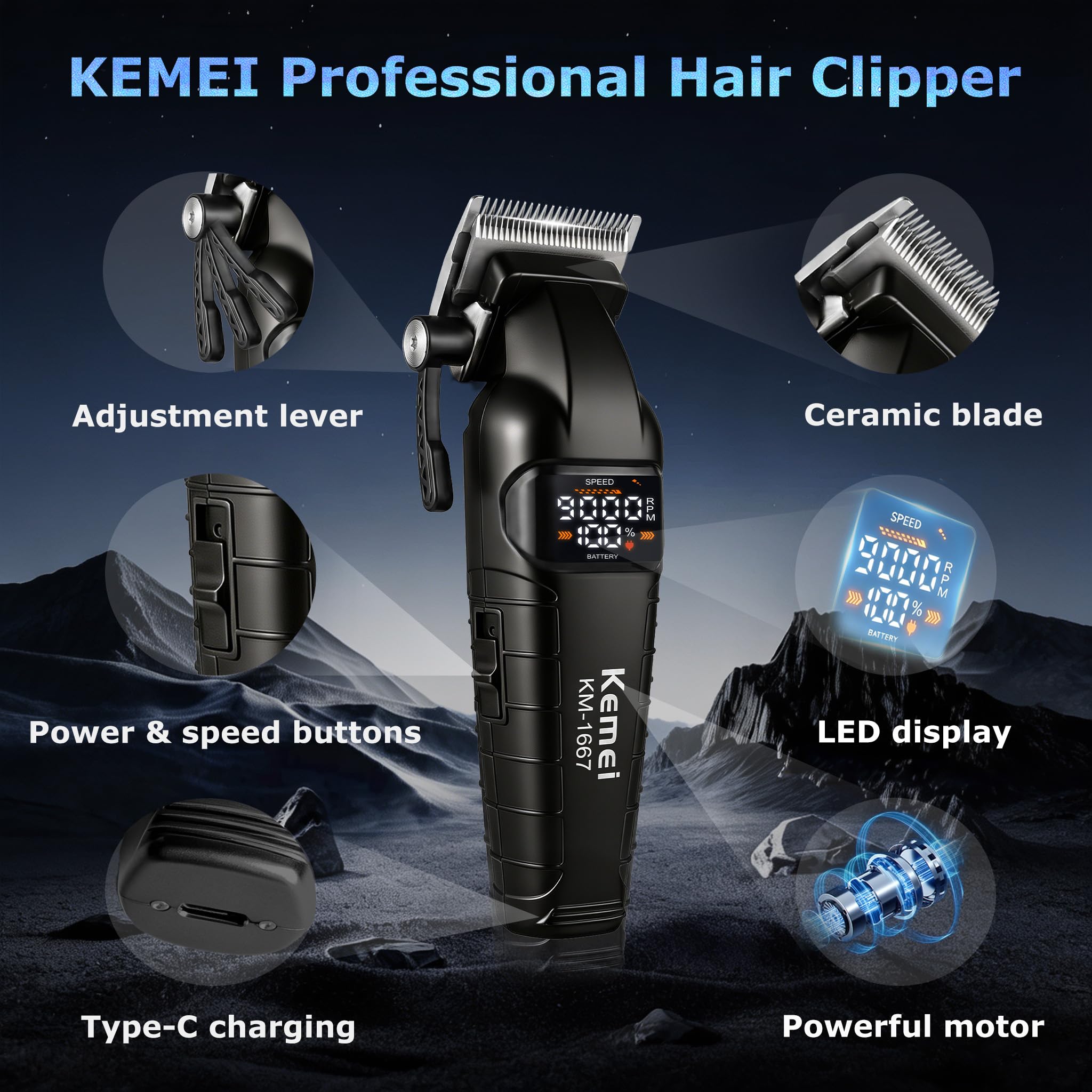 KEMEI 1667 Tagliacapelli Professionale Uomo, Nero