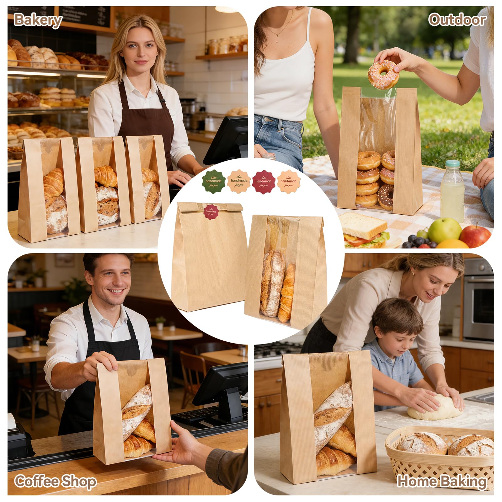 Funcoo Paquete de 100 bolsas de papel kraft para pan, embalaje de alimentos, bolsa de panadería con ventana frontal, etiqueta adhesiva incluida (14 x 8.3 x 3.5 pulgadas)