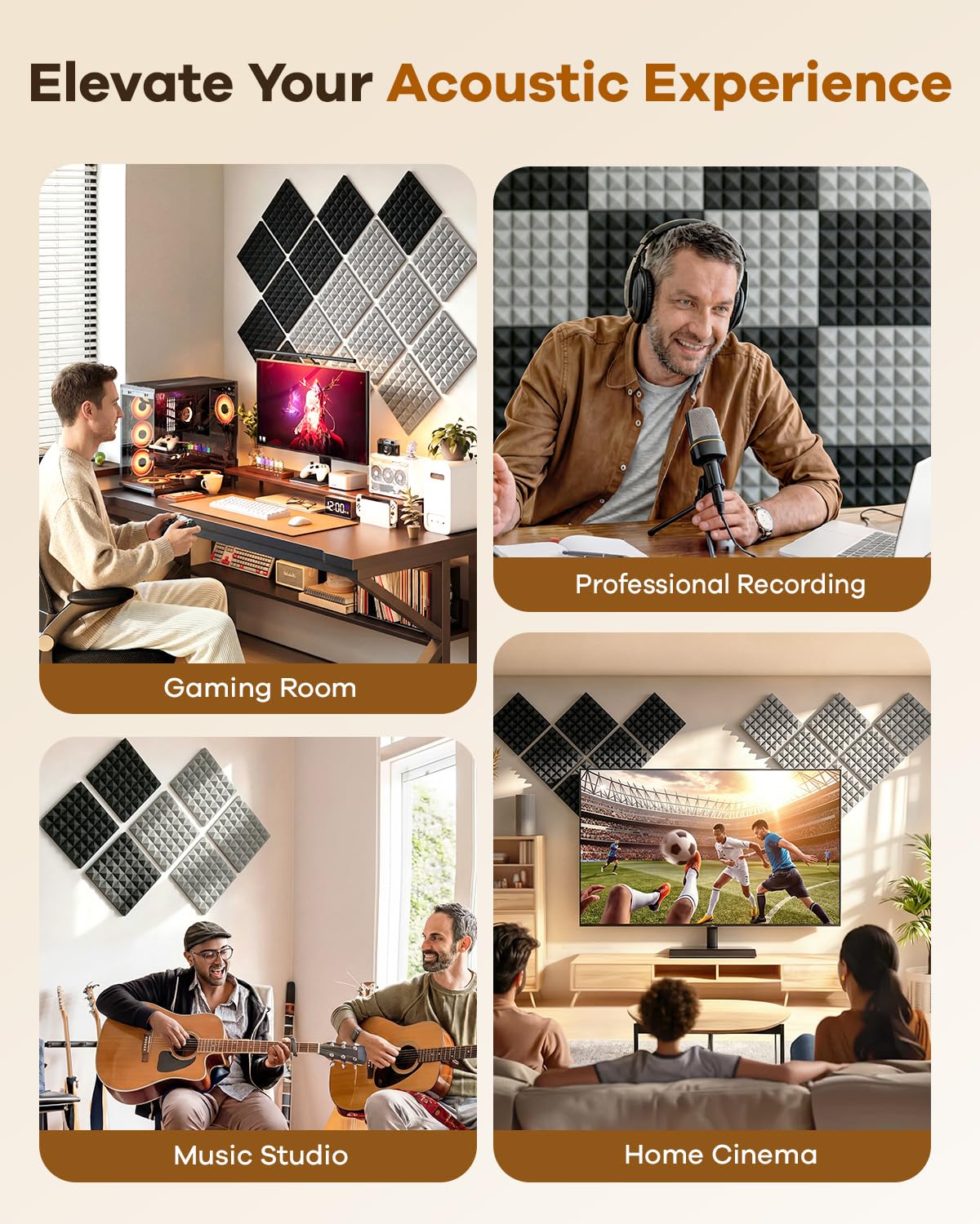 Pannelli fonoassorbenti in schiuma, 30 x 30 x 5 cm, autoadesivi, ad alta densità, per assorbimento acustico e controllo dell'eco, confezione da 24 pezzi, grigio