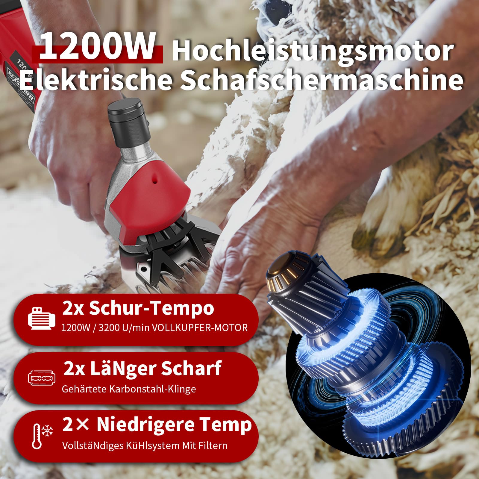 1200W High-Power Schafschermaschine, 6 Geschwindigkeiten, 3200 U/min, elektrische Schafschere mit 13-Zahn-Klinge, Set im Koffer, für Schafe, Alpakas, Ziegen (Rot)