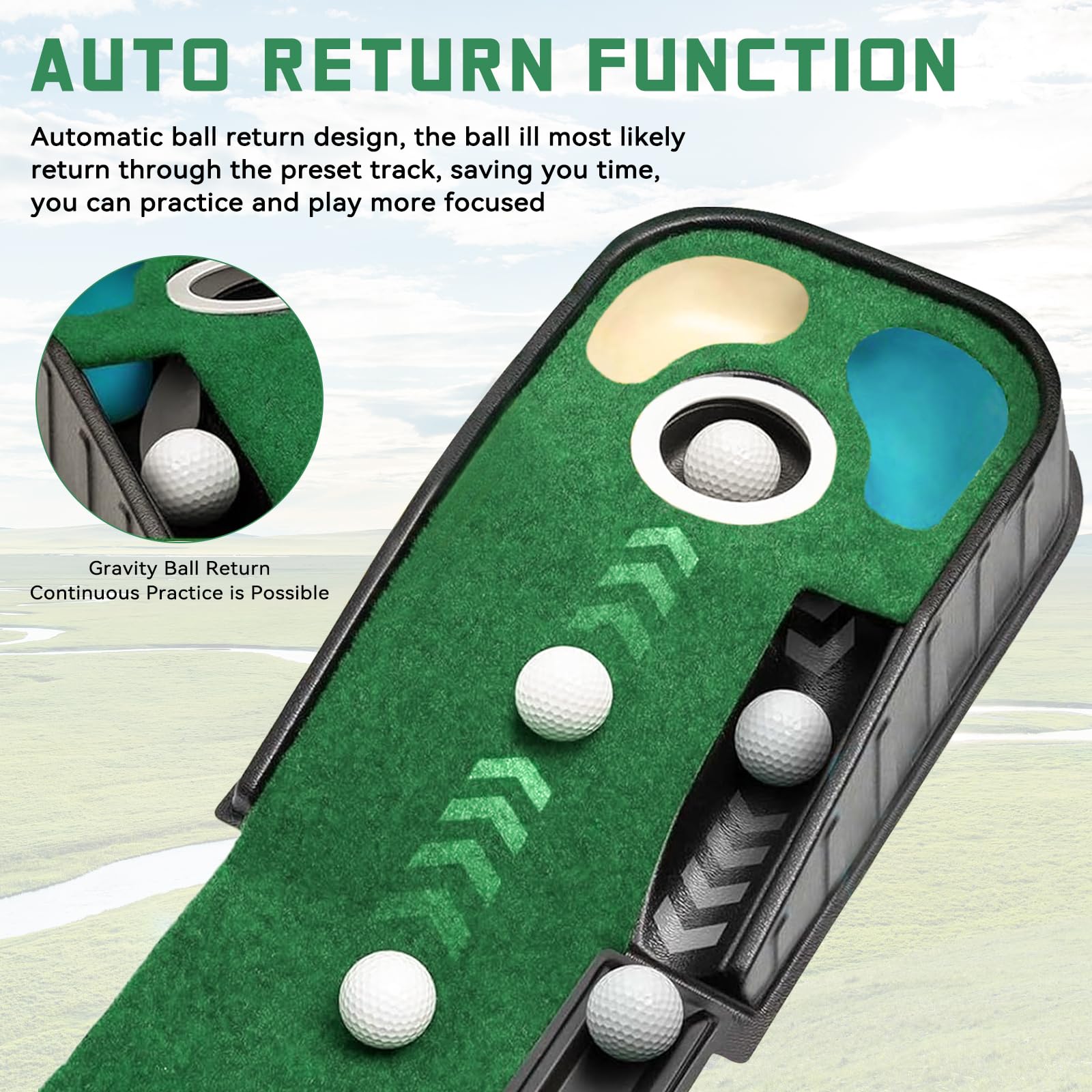 Tapis de golf d'intérieur vert avec retour automatique de balle et 3 trous, infroissable proche de la vraie vitesse verte, tapis de golf adapté pour bureau, salle de loisirs, terrasse