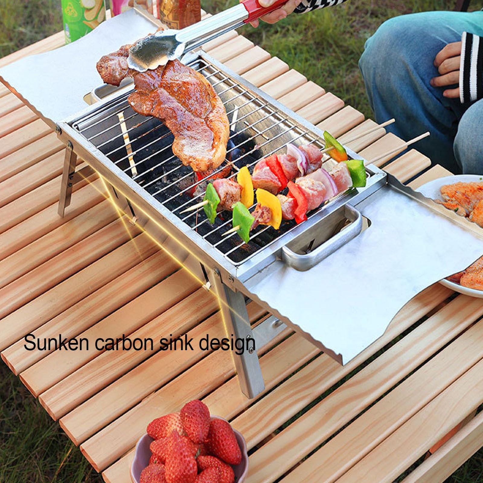 Przenośny grill kempingowy, składany grill dla 3-5 osób, grill zewnętrzny ze stali nierdzewnej z bocznymi półkami, łatwy do przenoszenia uchwyt na kemping, wędrówki, tylne podwórko