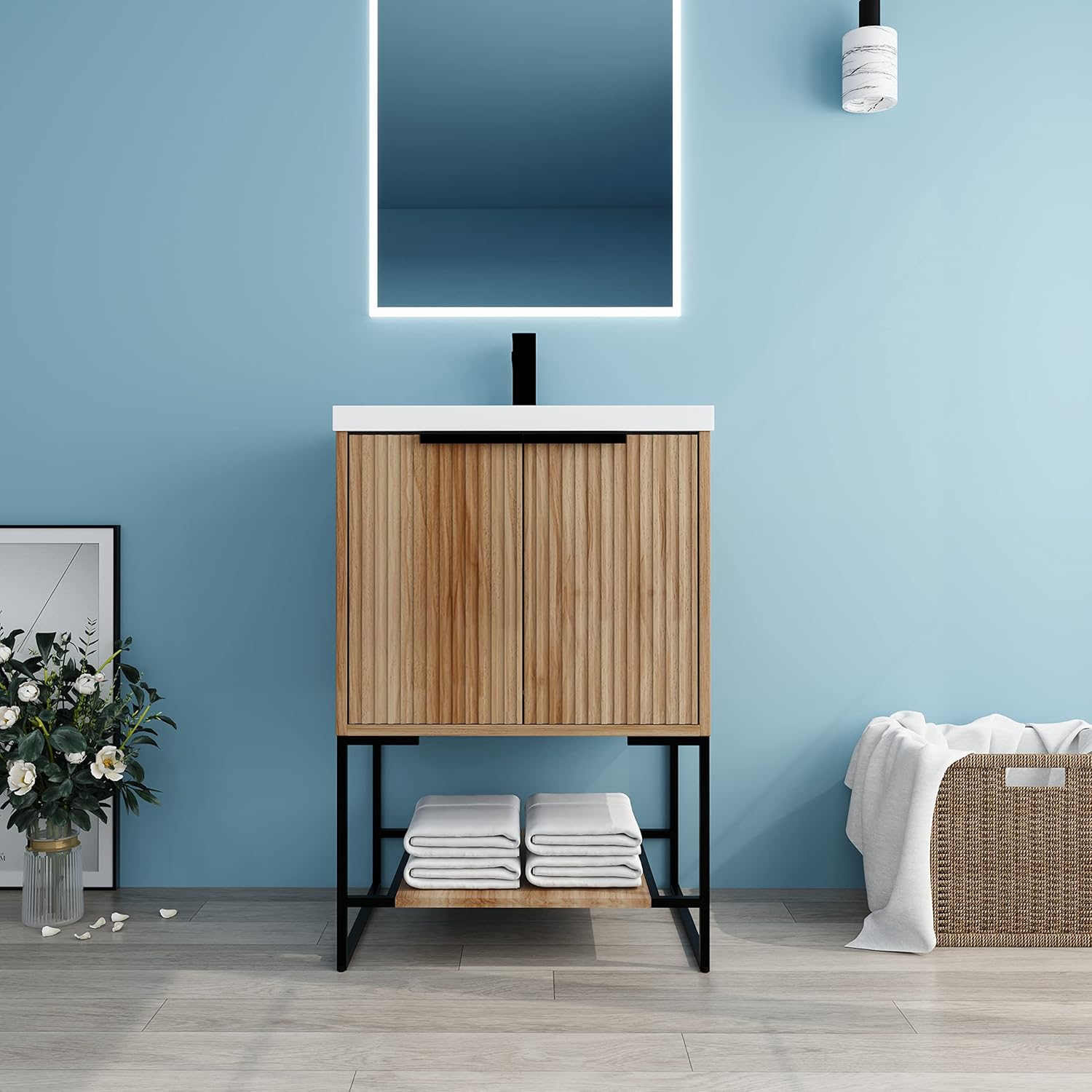 24 Inch Bathroom Vanity with Sink, 24" Freestanding Vanity with Open Shelf and Drawer, Plywood Wooden Bathroom Cabinet with Metal Legs, Modern Floor-Standing Cabinet Set (Maple-Stripe)