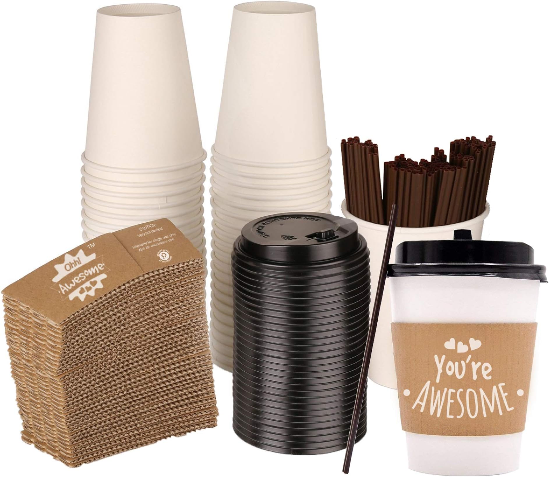 Best Offer Ohh Awesome Paper Cups | Disposable Coffee Cups | 12 Oz Cups 4in1 Disposable Drink Cup Bundle| 50 Disposable Coffe Cup with LIDS, Sleeves & STIRRERS for Hot/Cold Drinks Coffee Paper Cup