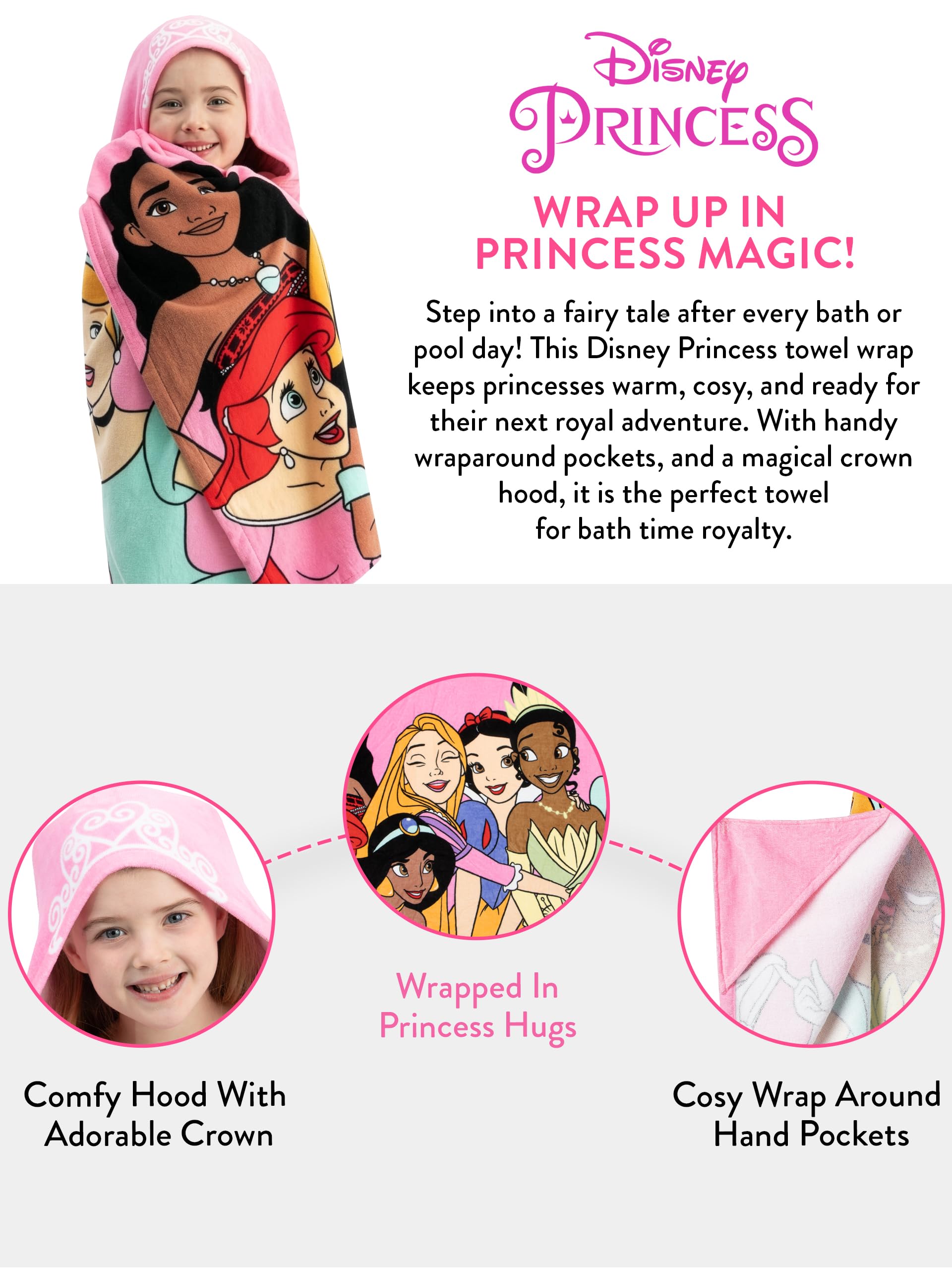 Disney Princess Accappatoio Bambina, Telo Mare Cotone Per Bambina, Asciugamano Mare Piscina O Bagno, Rosa, One Size