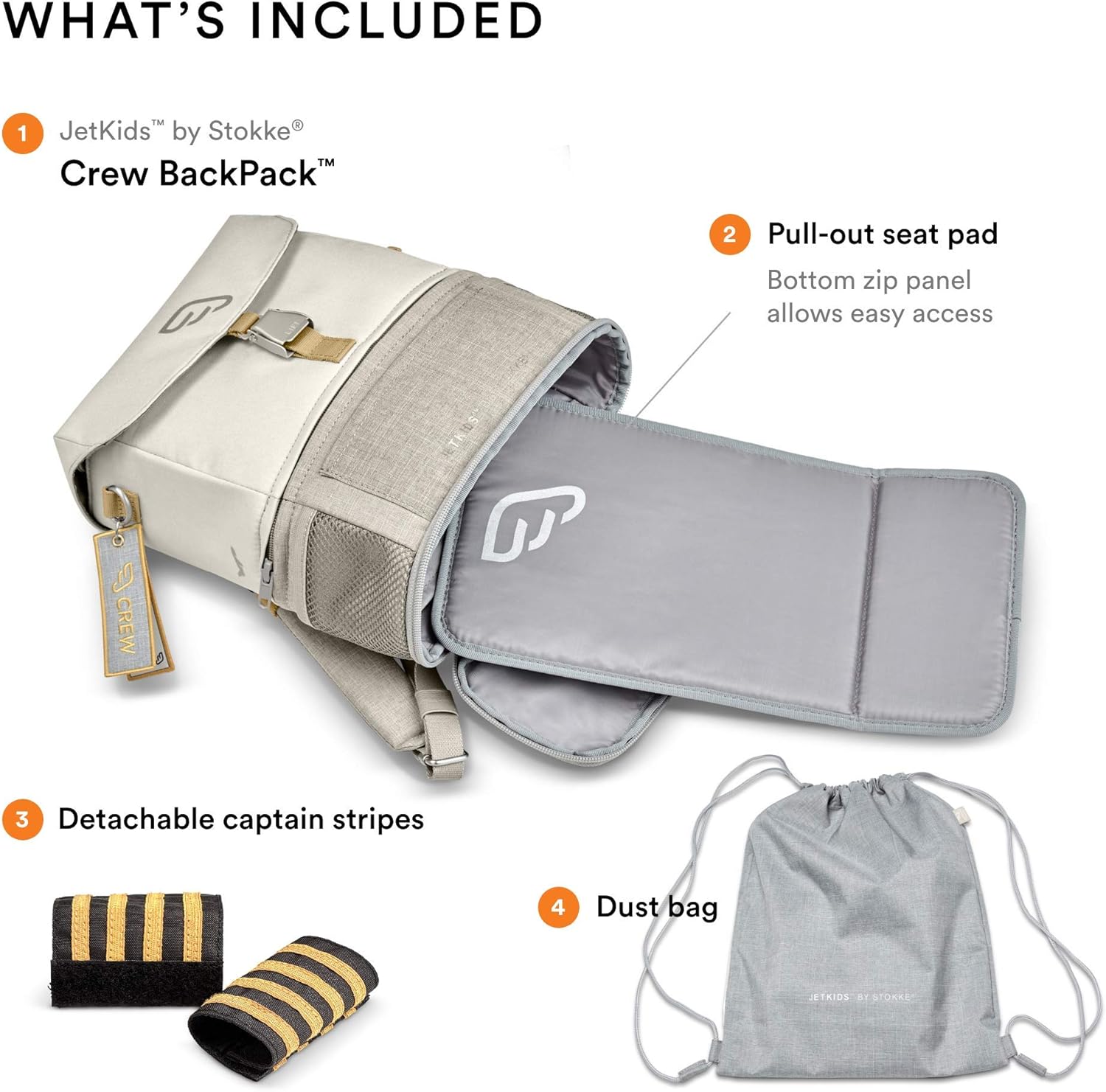 JetKids Stokke BackPack, White - Expandable Design for Kids 2-7 Years Old - Easy-to-Clean, Water Repellent Fabric - Includes Pull-Out Seat Pad, Name Tag & Detachable Captain Stripes