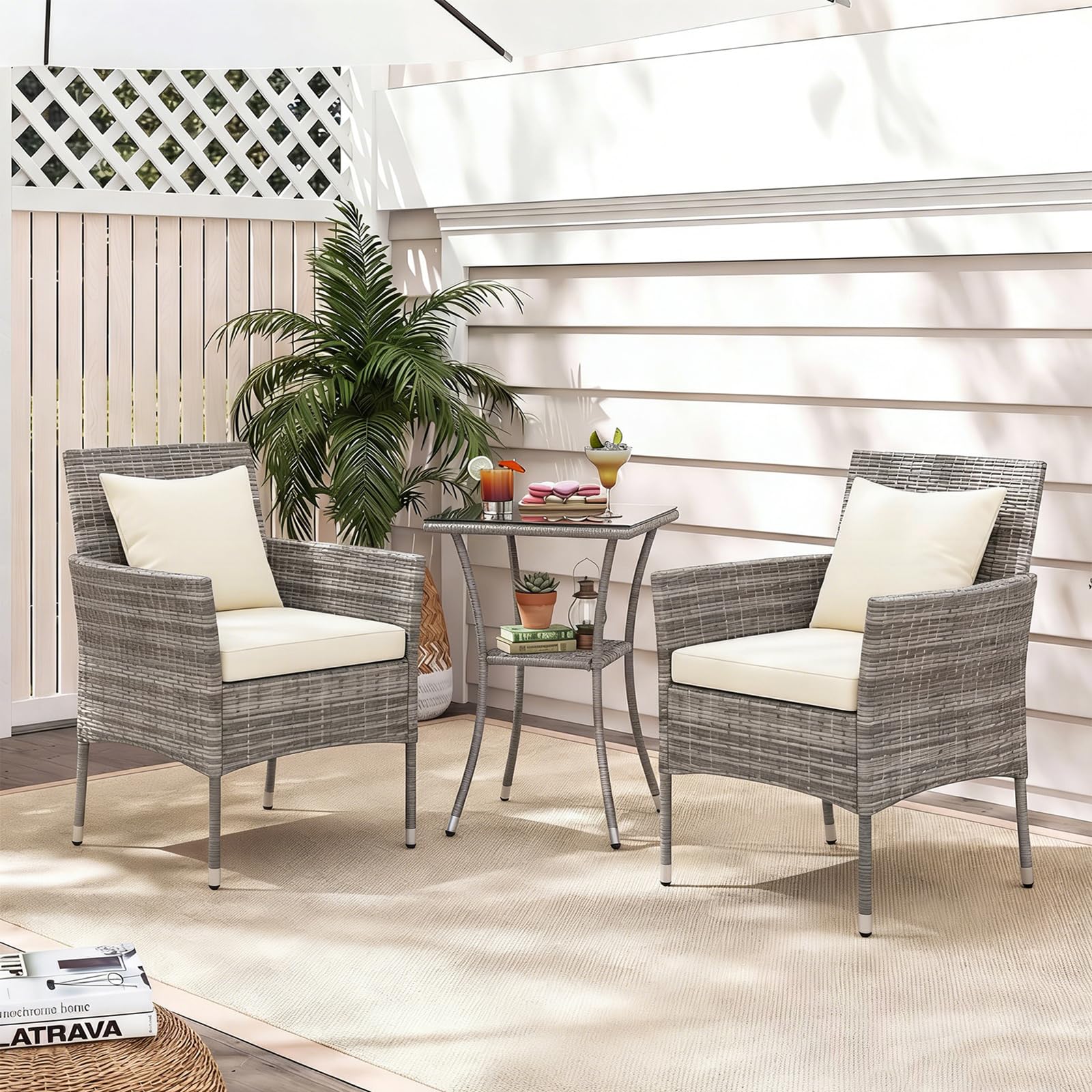 GIANTEX Set Mobili da Balcone 3 Pezzi, Tavolo e 2 Sedie in Rattan con Cuscini