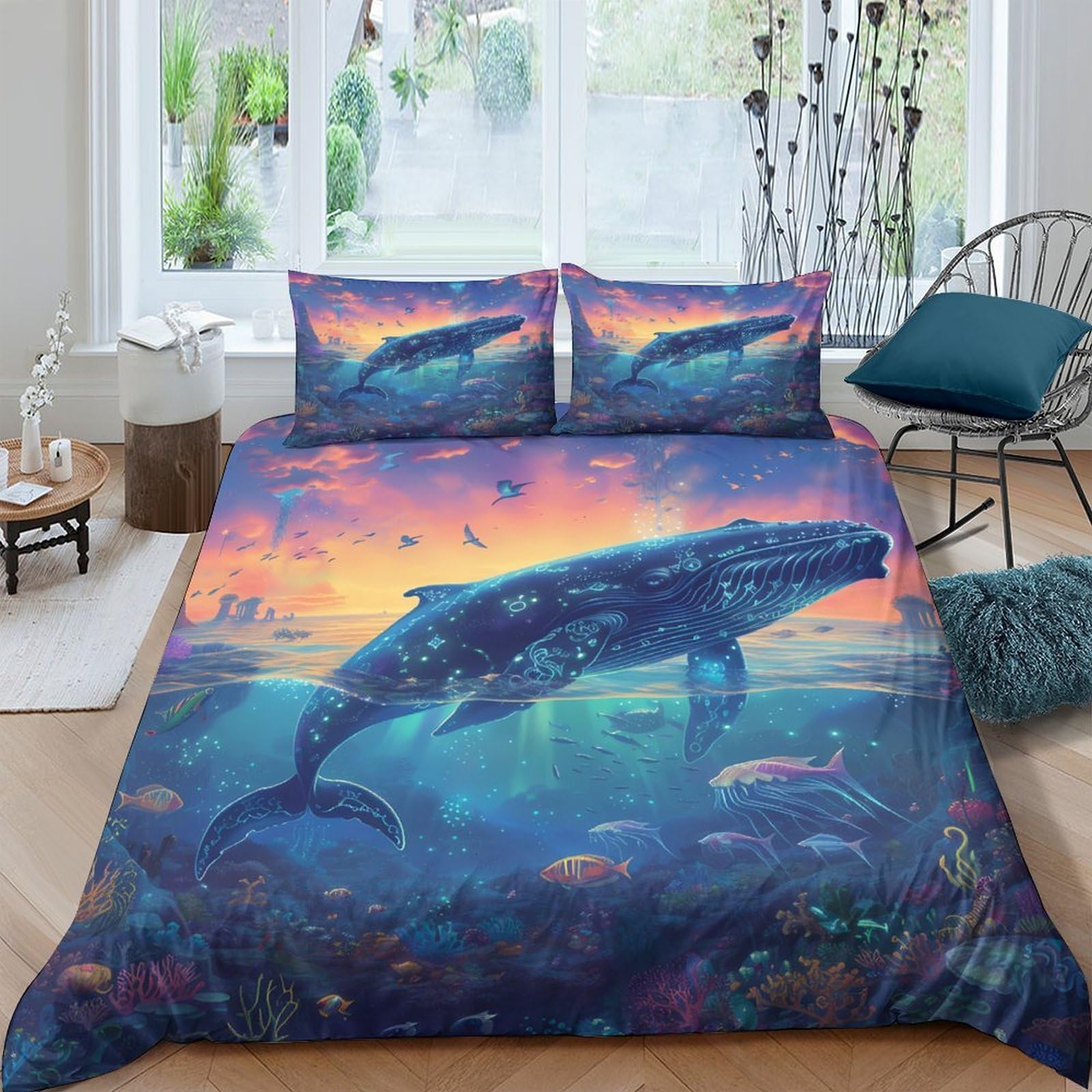 Ctjqhvkz Style-8 3D Printed Ocean Whale Fitted Sheet Microfiber Soft Breathable Sunset Marine Bed Cover For Bedroom Guest Room Mattress Protection Single（135X200cm）