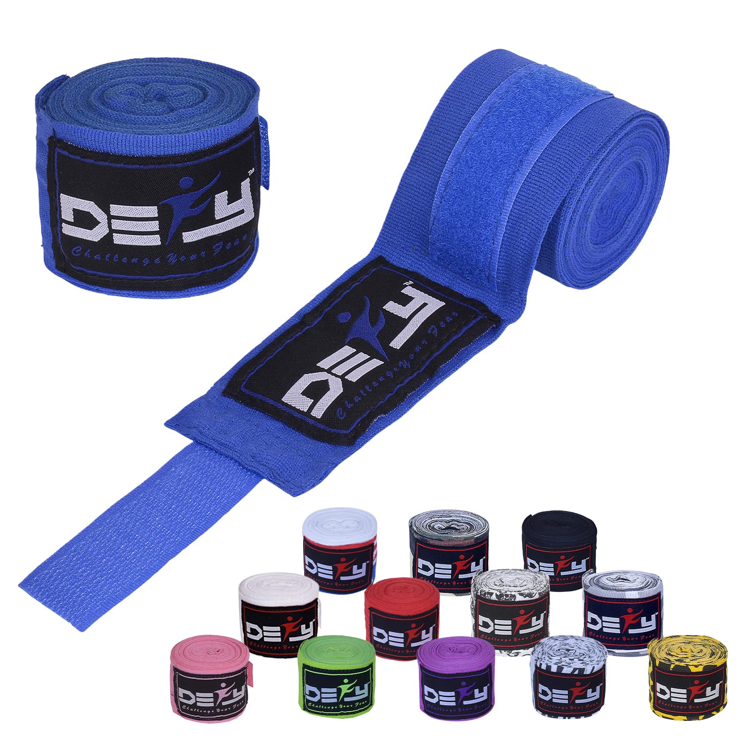 DEFY Professional 180 Inch Hand Wraps for Boxing Muay Thai MMA Elastic Bandages for Men & Women -Pair (Blue)