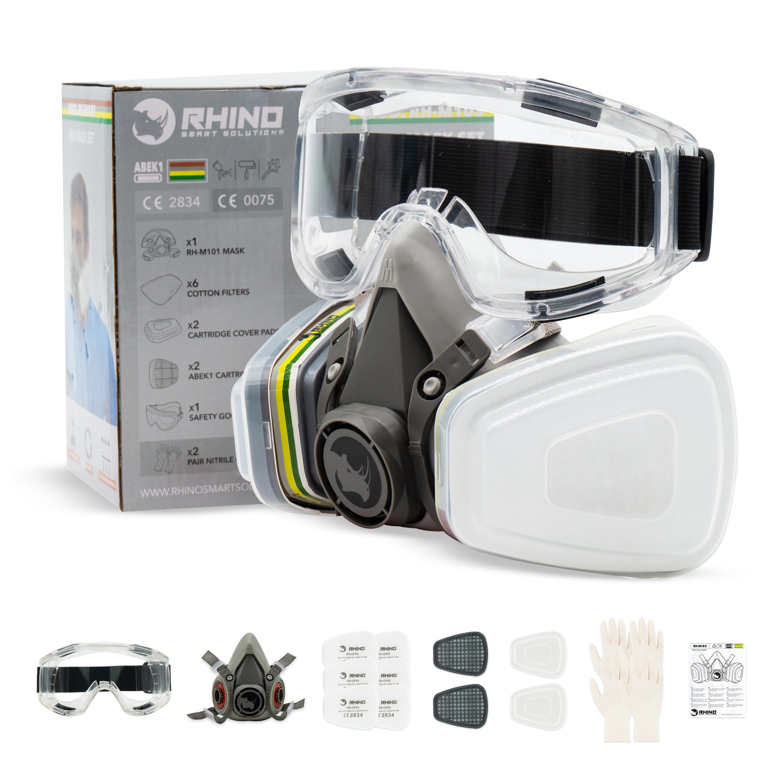 RHINO Smart Solutions Maschera antipolvere, maschera antigas riutilizzabile, filtri antiparticolato