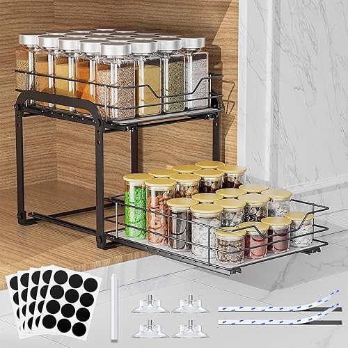Organizador de especias para gabinete, estante de especias vertical extraíble de 2 niveles, organización de especias de metal resistente para