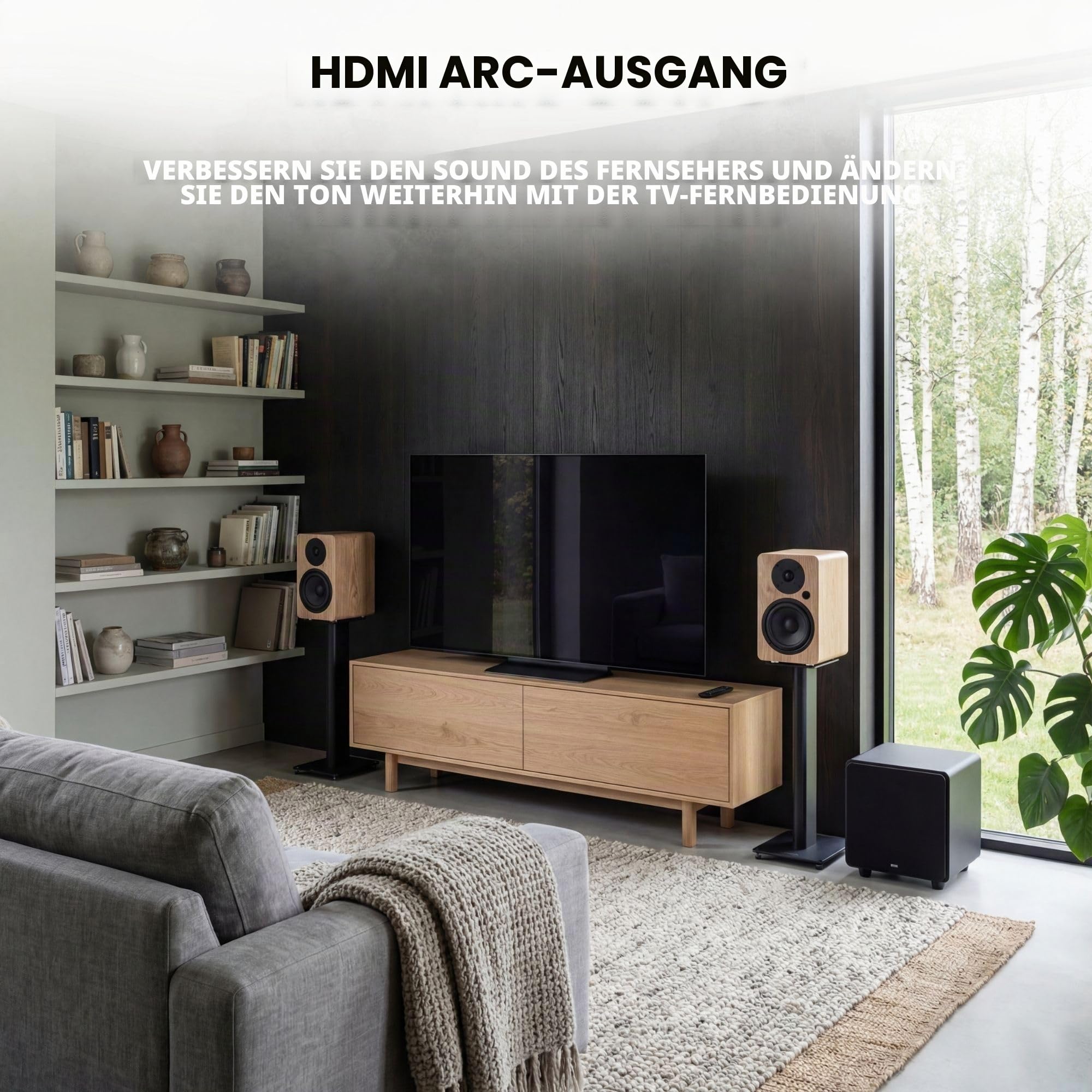 VULKKANO A5 Arc MKII Verstärkerlautsprecher mit 5,25 Zoll Tieftöner, Bluetooth 5.0, HDMI Arc, optischer Ausgang, RCA, USB, Subwoofer-Ausgang, Lautsprecher für Fernseher, Braun.
