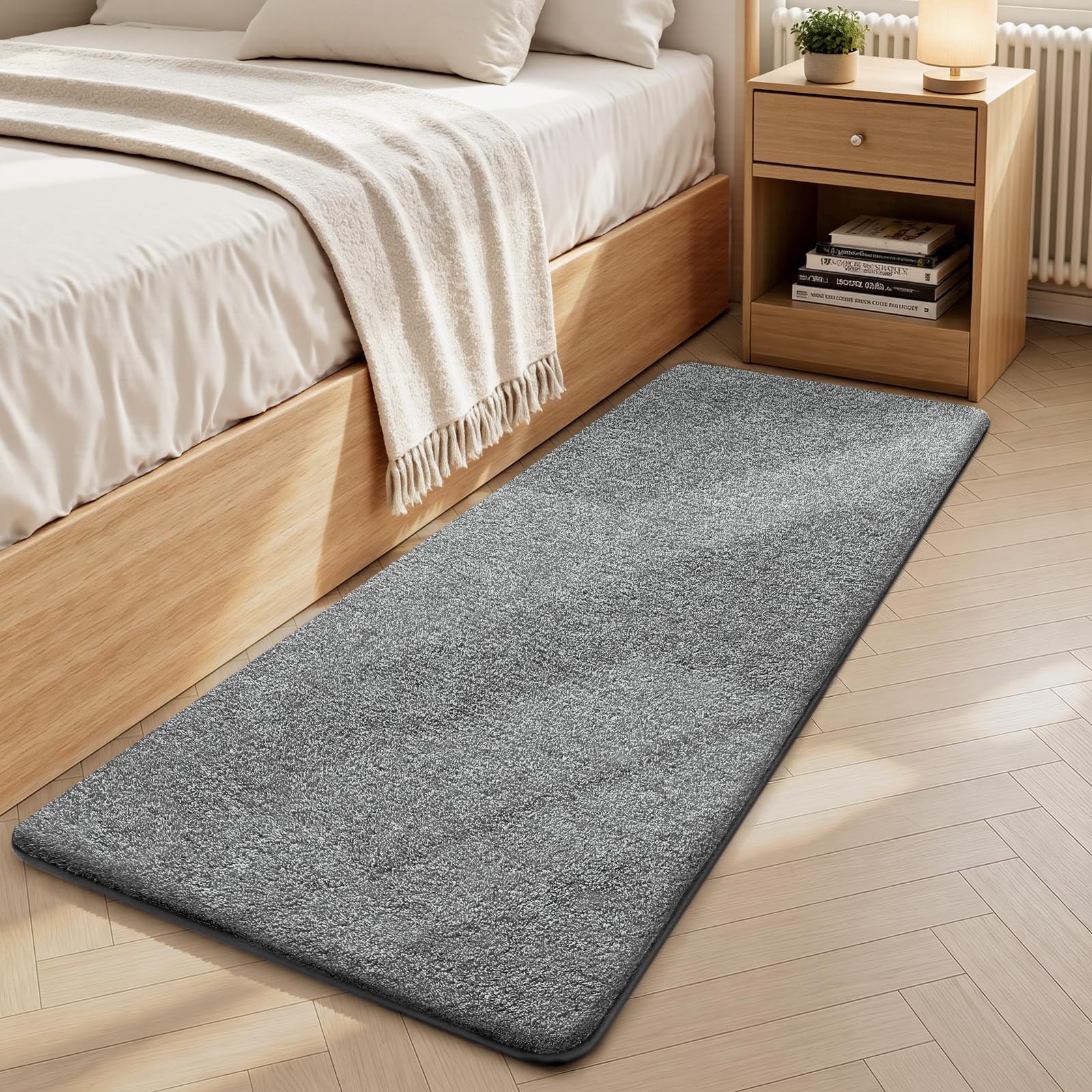 Sour Lemon Modern Rugs Living Room, Soft Shaggy Non-Slip Runner Rug for Bedroom, Fluffy Washable Short Pile Floor Carpets, Bedside Rugs for Kids Room Entryway Hallway, 60x220cm, Light Grey-White