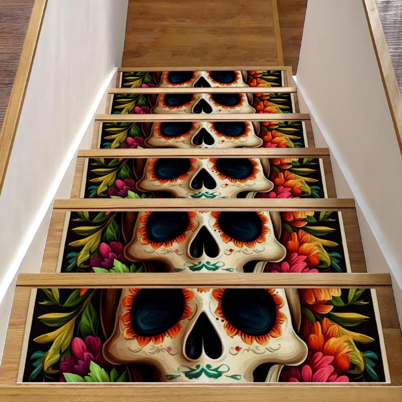 Peldaños de escalera de madera con alfombrillas autoadhesivas flores de 8x30 pulgadas