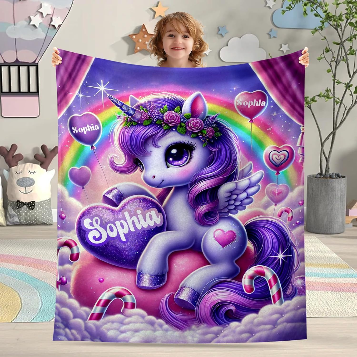 Personalized Unicorn Blanket with Name Custom Cute Pink Unicorn Throw Blanket for for Girls Boys Newborn New Mom