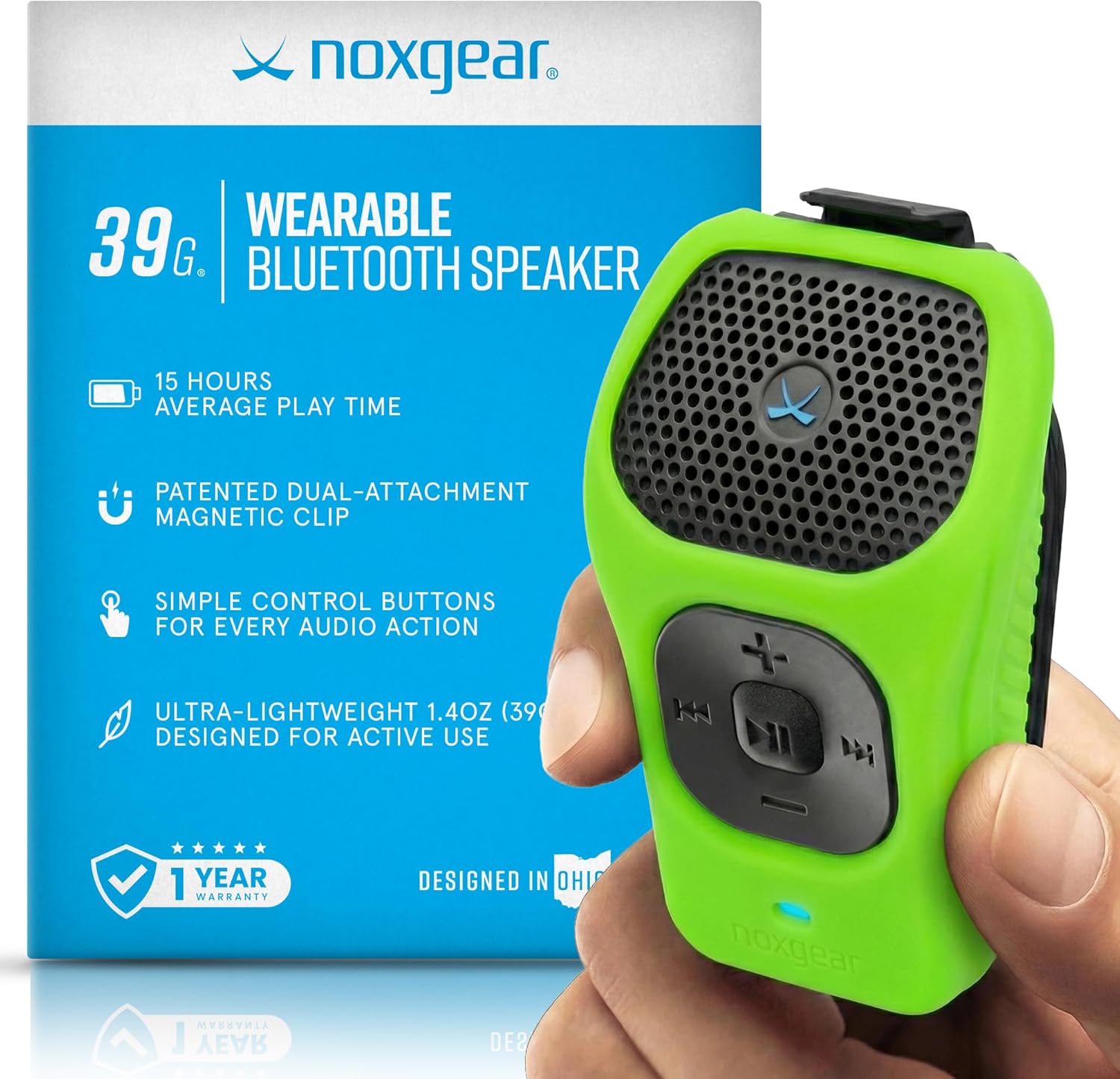 noxgear 39g Wearable Bluetooth Speaker, Magnetic Mini Clip-On, Waterproof Up to 15 Hours Playtime | Clip On Bluetooth, Wearable Speaker with Microphone, 100ft Range (Color: Bright Green)