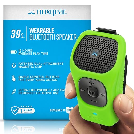 noxgear 39g Wearable Bluetooth Speaker, Magnetic Mini Clip-On, Waterproof Up to 15 Hours Playtime | Clip On Bluetooth, Wearable Speaker with Microphone, 100ft Range (Color: Bright Green)