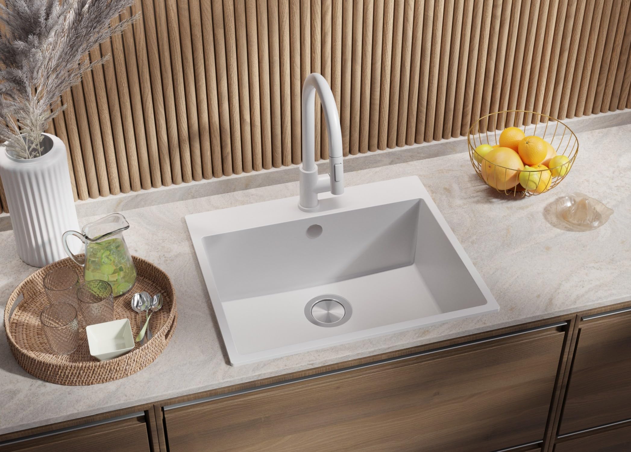 PRIMAGRAN Lavello da Cucina Tutto Bianco 58x50cm, Lavandino in Granito a 1 vasca + Sifone Classico, Lavabo da Cucina Incasso al Mobile 60cm - Riga S312