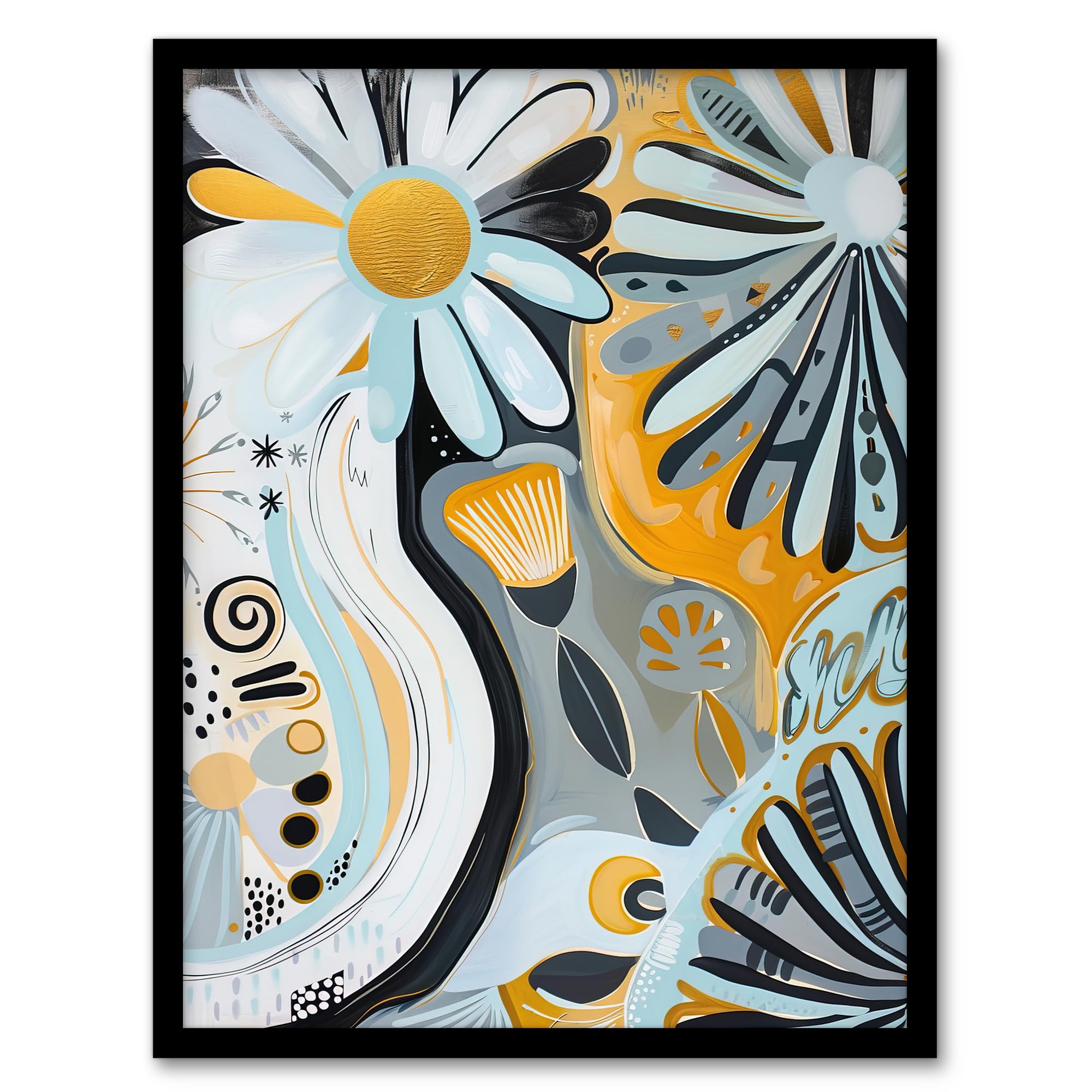 Artery8 Abstract Daisy Wild Flowers Painting Pastels Gold Kids Bedroom Artwork Framed Wall Art Print A4