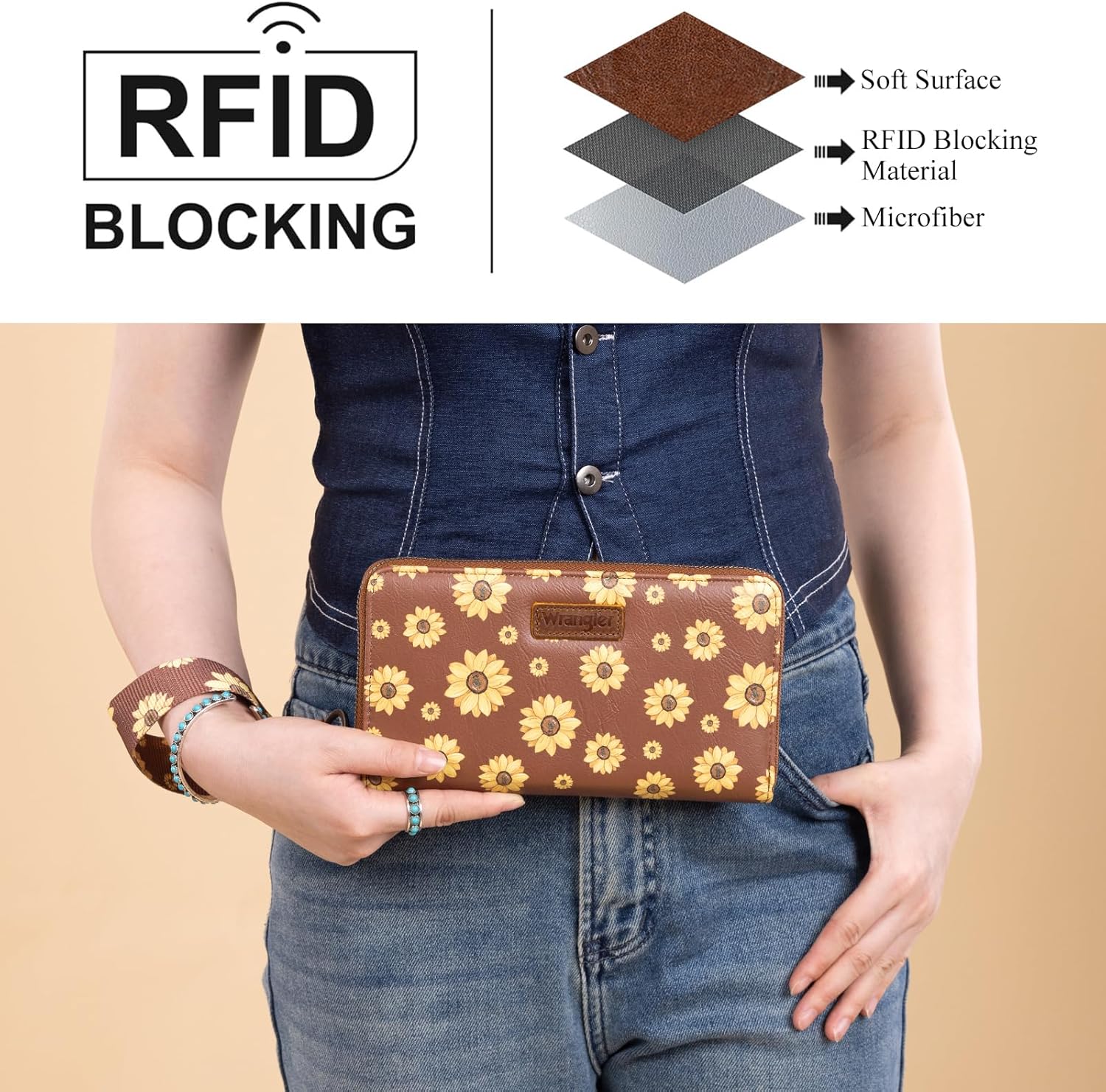 Wrangler Brown Daisy Wallets for Women Large Capacity Wristlet Wallets, Card Cases & Money Organizers Ladies Female Clutch Credit Card Phone Wallet with Smooth Zipper and ID Window WG204-W0012BR - Image 2