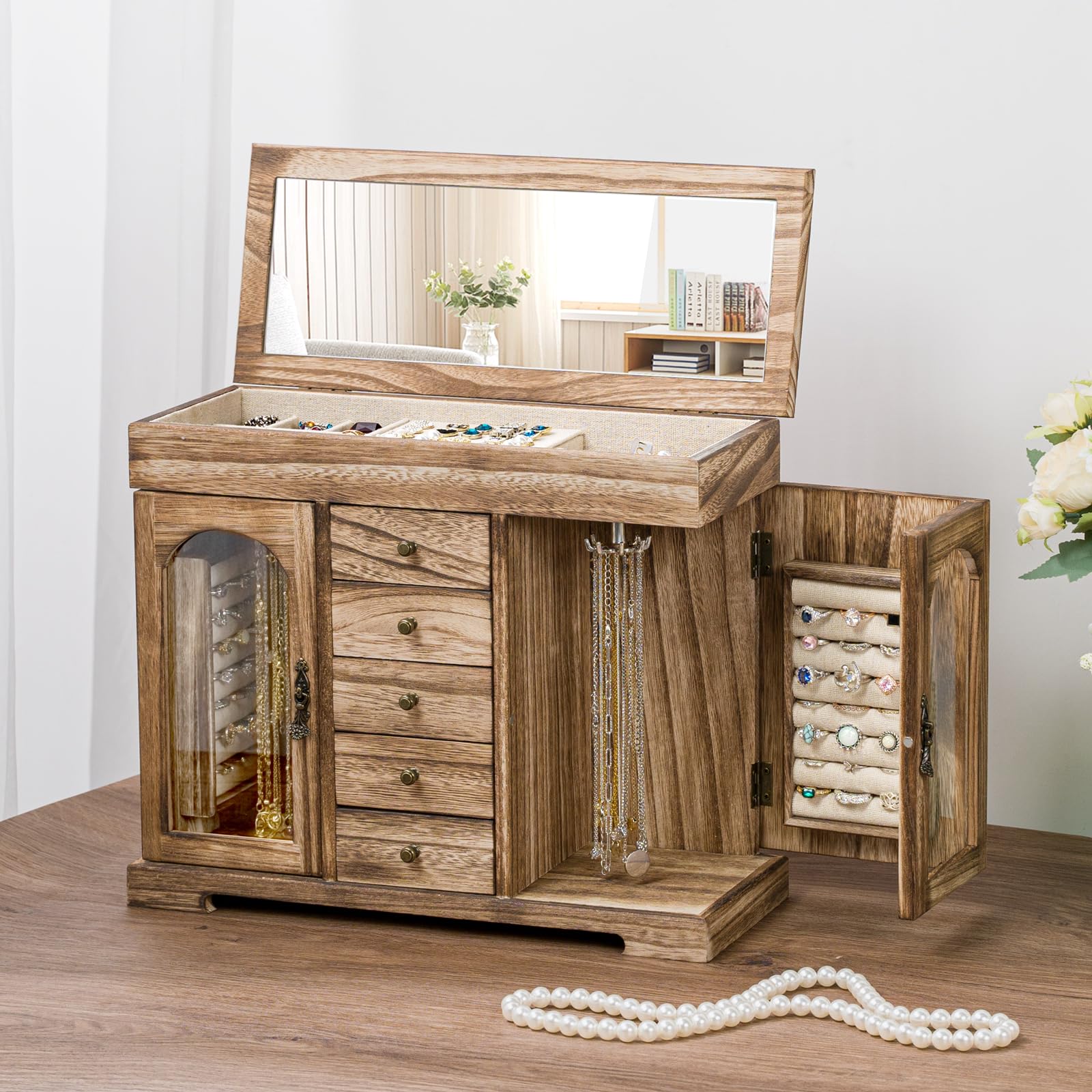 Boîte à Bijoux Femme, Rustique Grande Boite a Bijoux Bois avec Miroir, 6 couches Boite Rangement Bijoux Organisateur pour Colliers, Boucles D'oreilles, Bagues, Bracelets (Marron Rustique)