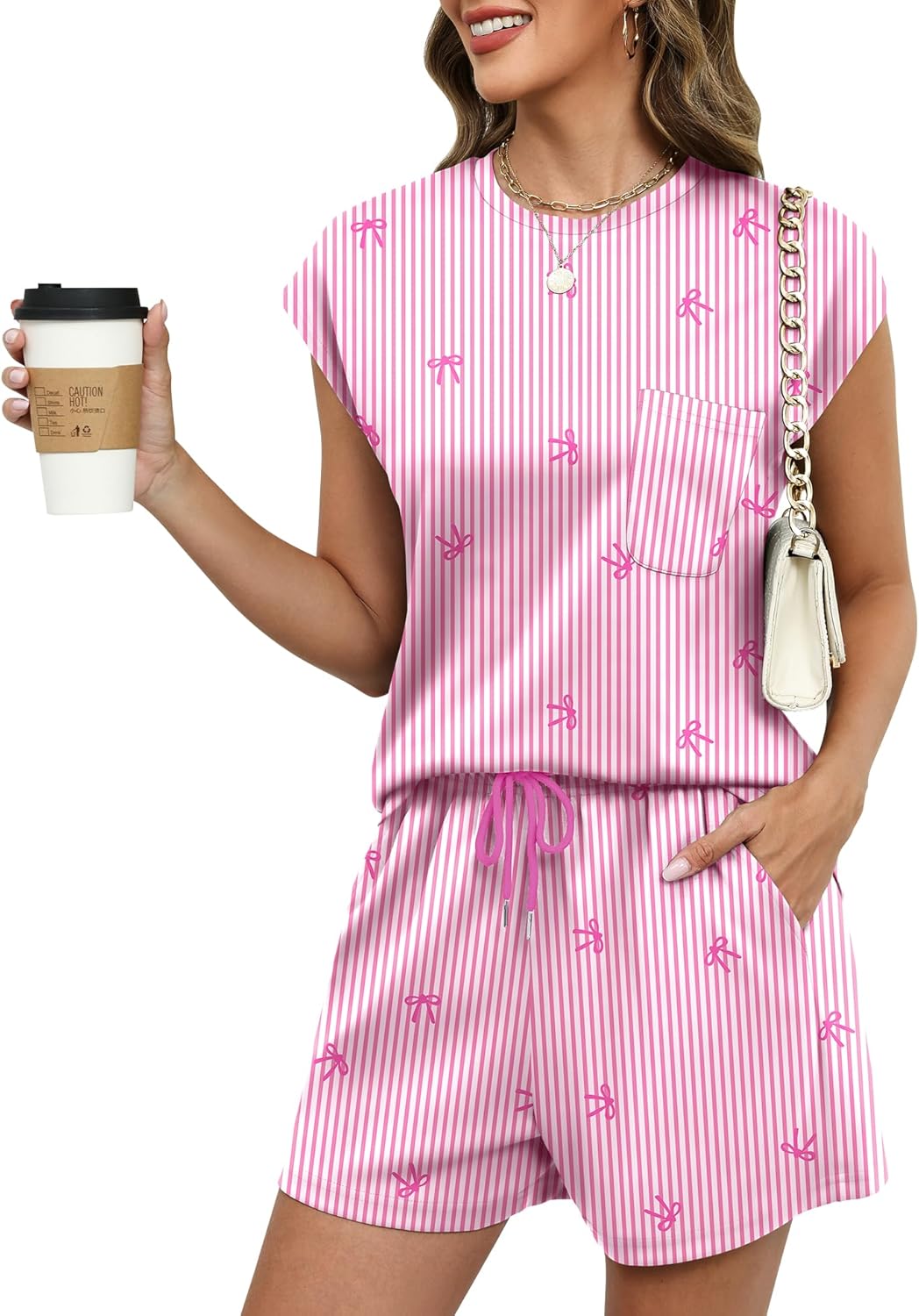 LOMON Two Piece Shorts Sets for Women Vacation Trendy Lounge Sets Crew Neck Matching Sets Cap Sleeve Airport Suits