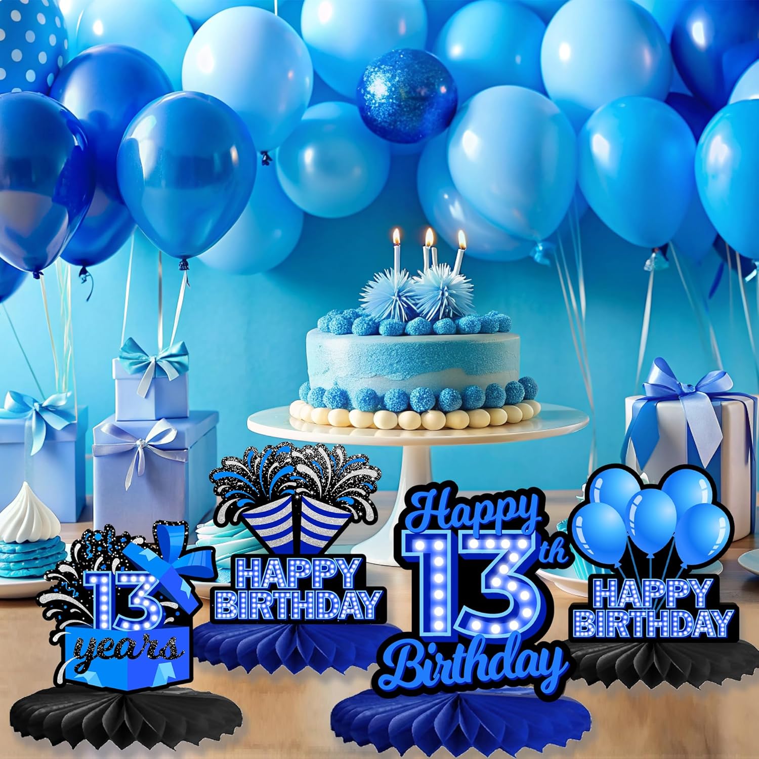 Happy 13th Birthday Honeycomb Centerpieces 9Pcs Stylish Sophisticated Blue Neon Theme Table Decor for Boys Girls Birthday Party Celebration Favors Decorations Photo Props Supplies - BECKTEN