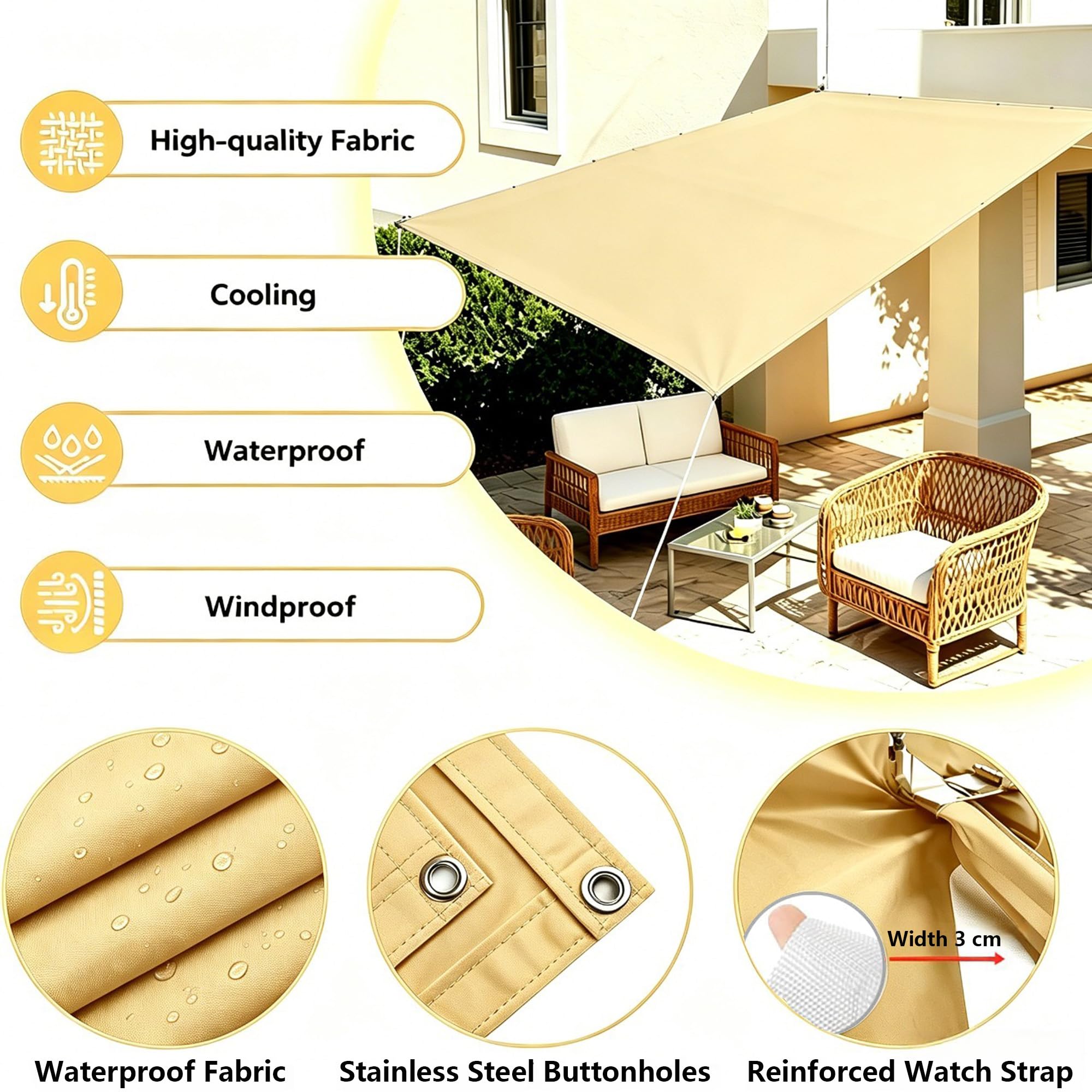 Sonnenschutz Balkon Ohne Bohren 4x5.5M Sonnensegel Markisenstoffe Meterware, Beschattungsnetz inkl Befestigungsseile, UV-Schutz, Wetterfest für Garten Terrasse Balkon 5.5x4 Sandgelb