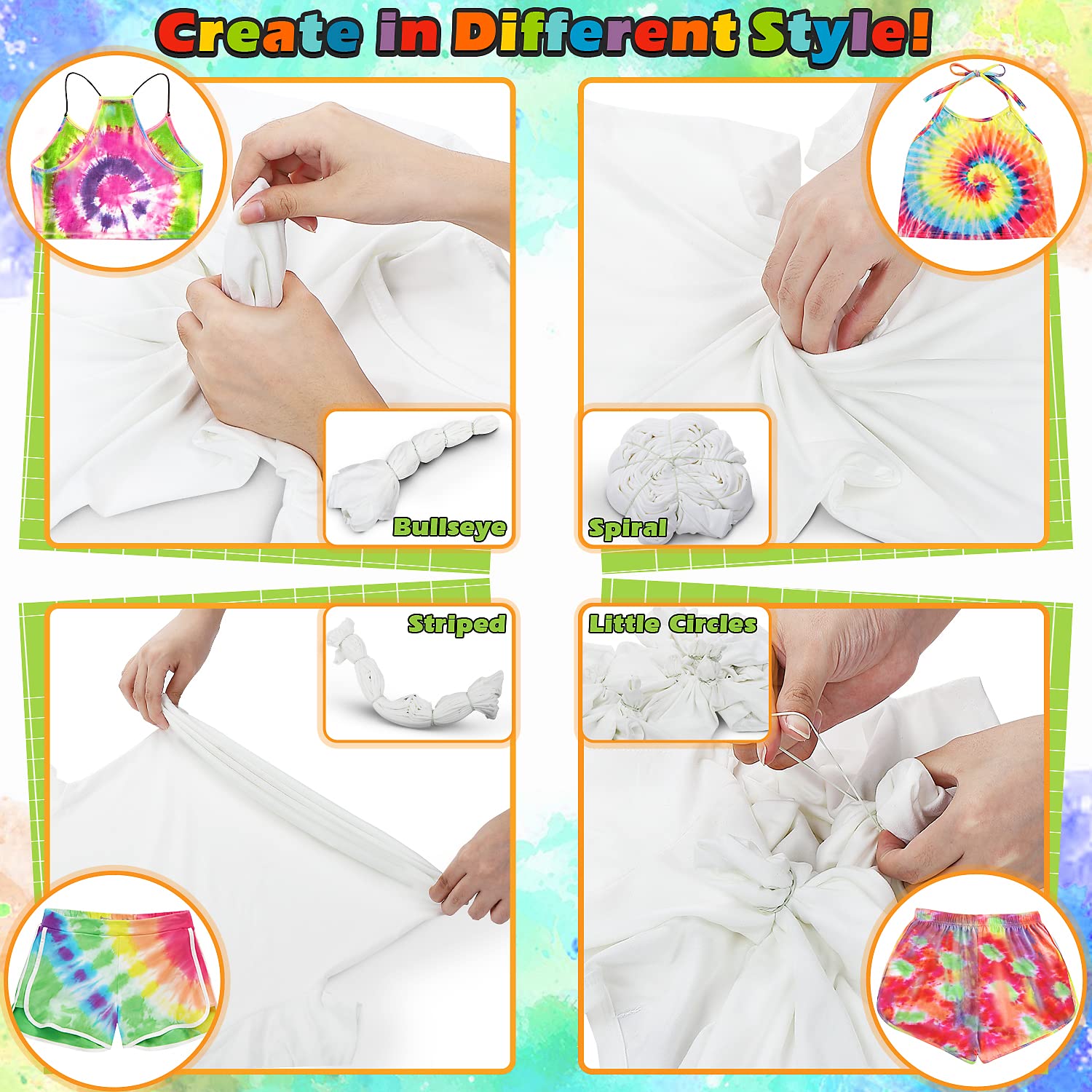 lenbest Tie Dye Kit-32 Colori per Tessuti Permanenti a Cravatta Kit di Tinture per Tessuto-150 Pezzi Elastici e 12 Paia di Guanti in Plastica per Halloween Bambini|Aduiti