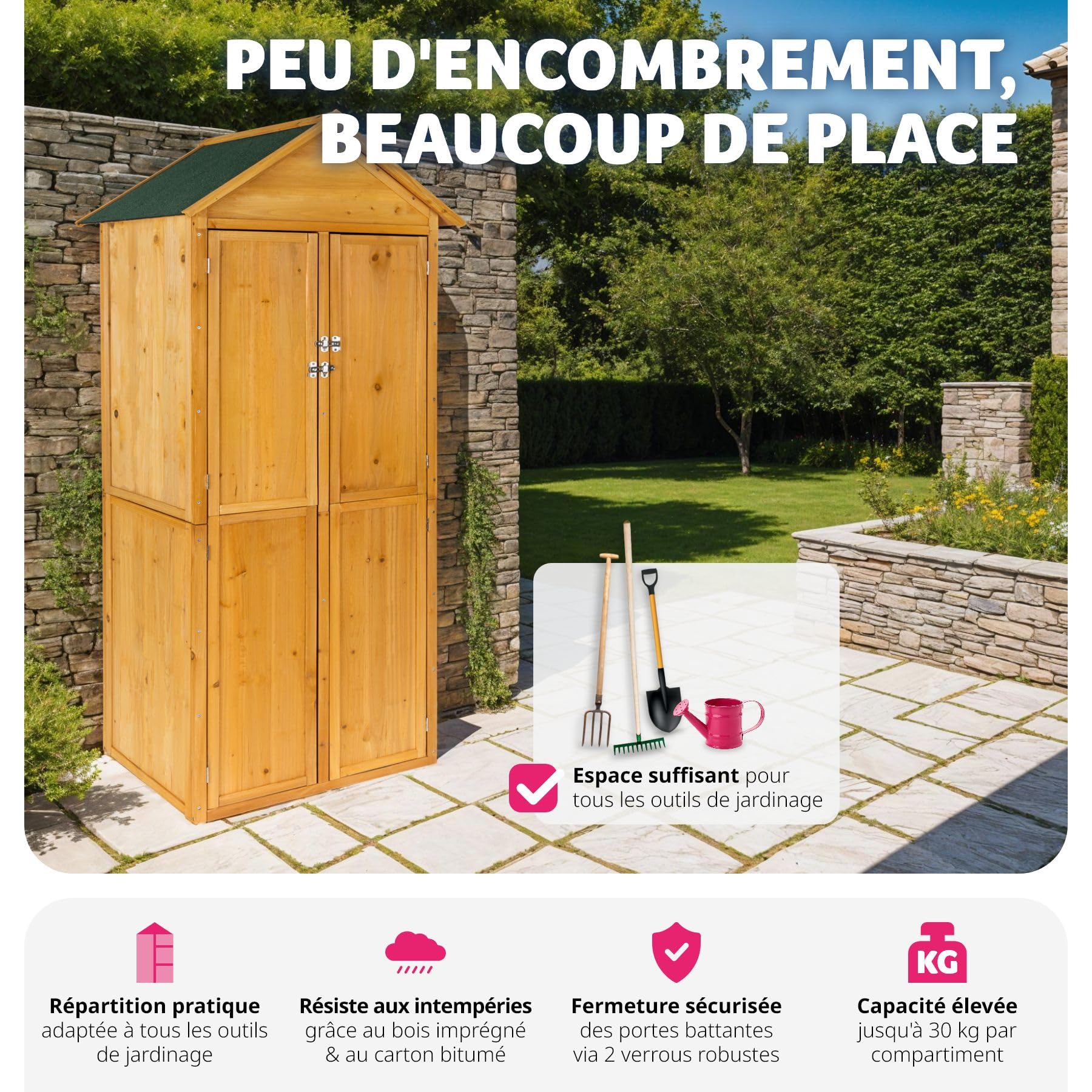 Abri De Jardin Tectake En Bois 80,5x60x213,5cm - Rangement Outils Avec étagères Et Toit 2 Pans
