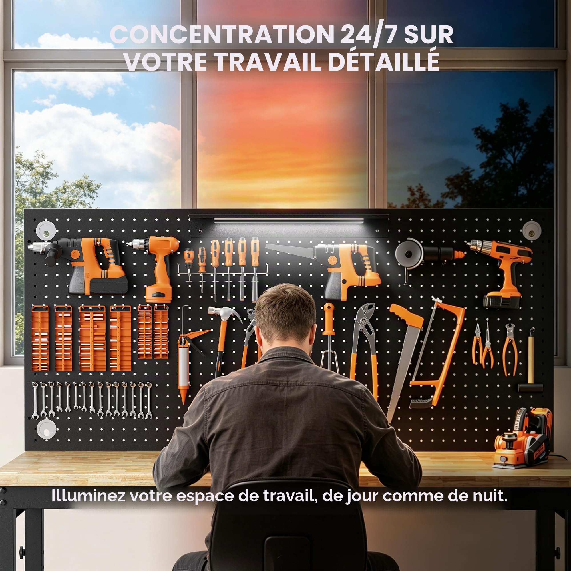 Établi Atelier Garage avec Table de Travail 122 x 60 cm | Charge de 907 kg, Plateau en Bois de Caoutchouc, 10 Hauteurs Réglables, Panneau Perforé avec Éclairage LED