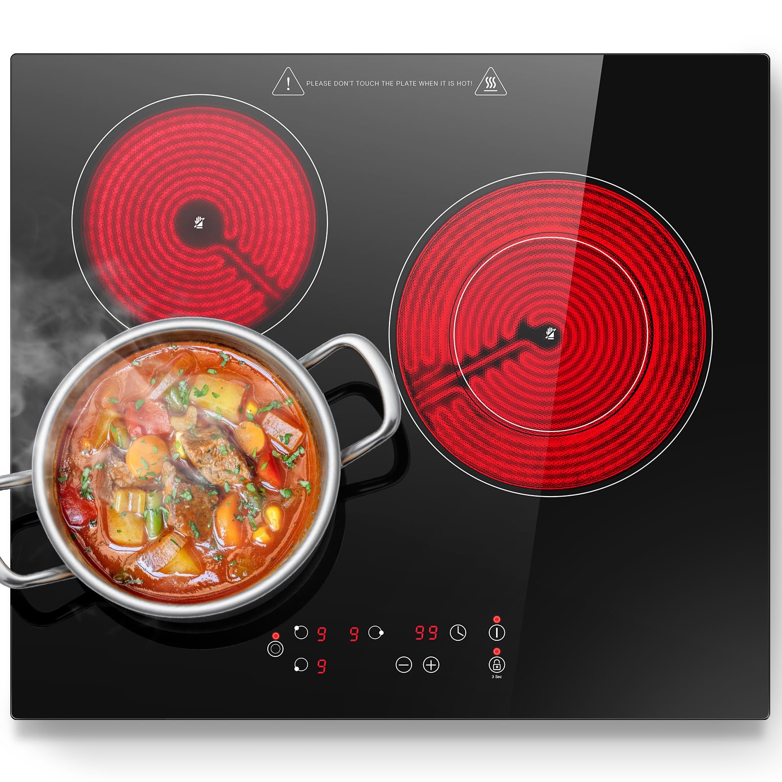 Placa Vitroceramica 3 fuegos 60cm, Control Táctil, 5400W con 9 ajustes de potencia, Temporizador 99 min, Vitrocerámica Eléctrica Negra, Para todas las ollas y sartenes