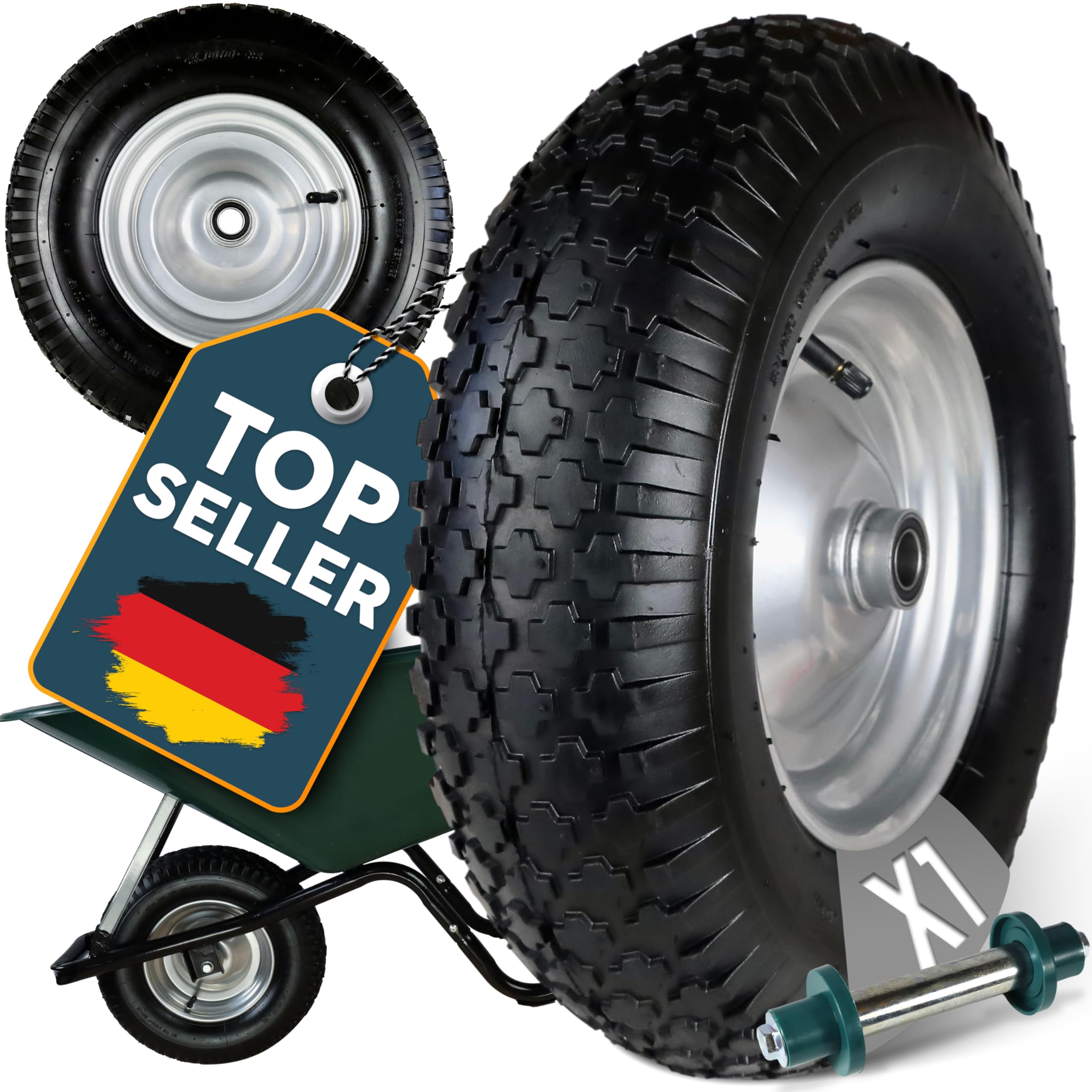 FROSAL Schubkarrenrad 400 mm mit Schlauch inkl. Achse – Ersatzrad 4.80/4.00-8 mit 20 mm Achse – Ø ca. 380–400 mm, Breite ca. 100 mm – Stahlfelge silber mit Kugellager