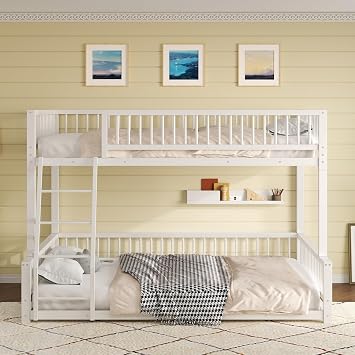 Full XL Over Queen Metal Bunk Bed Frame with Ladder and Safety Guardrails, Heavy Duty Space-Saving Dorm Bed for Adults and Teens, No Box Spring Needed, White
