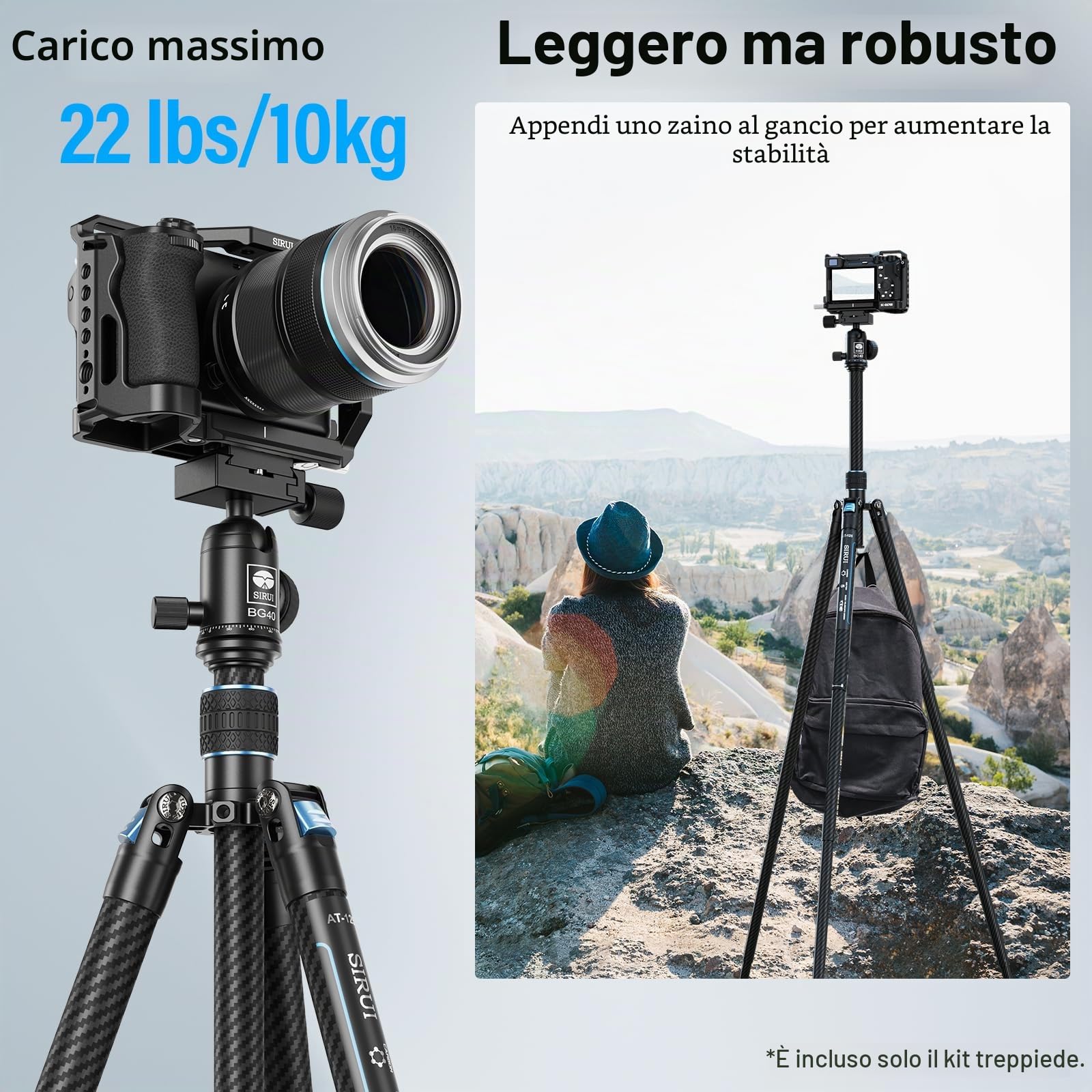 SIRUI Treppiede Fotocamera Carbonio Ultraportatile, 153cm Treppiede Viaggio con Testa a Sfera 360°, 920g Leggero Compatto, Carico Massimo 10KG, Ideale per Vlog/Paesaggistica - Traveler X-III