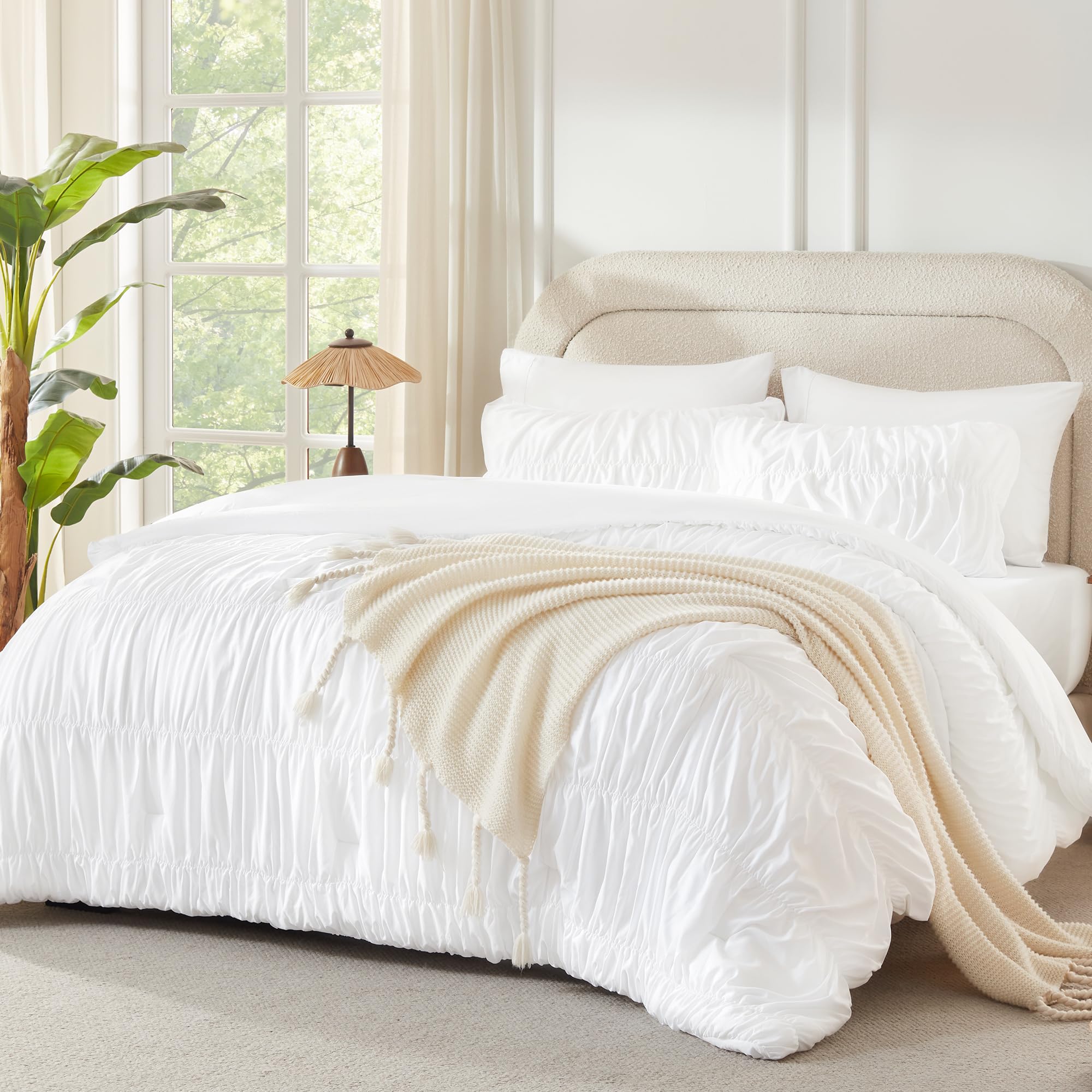 Andency Ruched White King Comforter Set, Boho Ruffle Bedding Set 3 Pieces