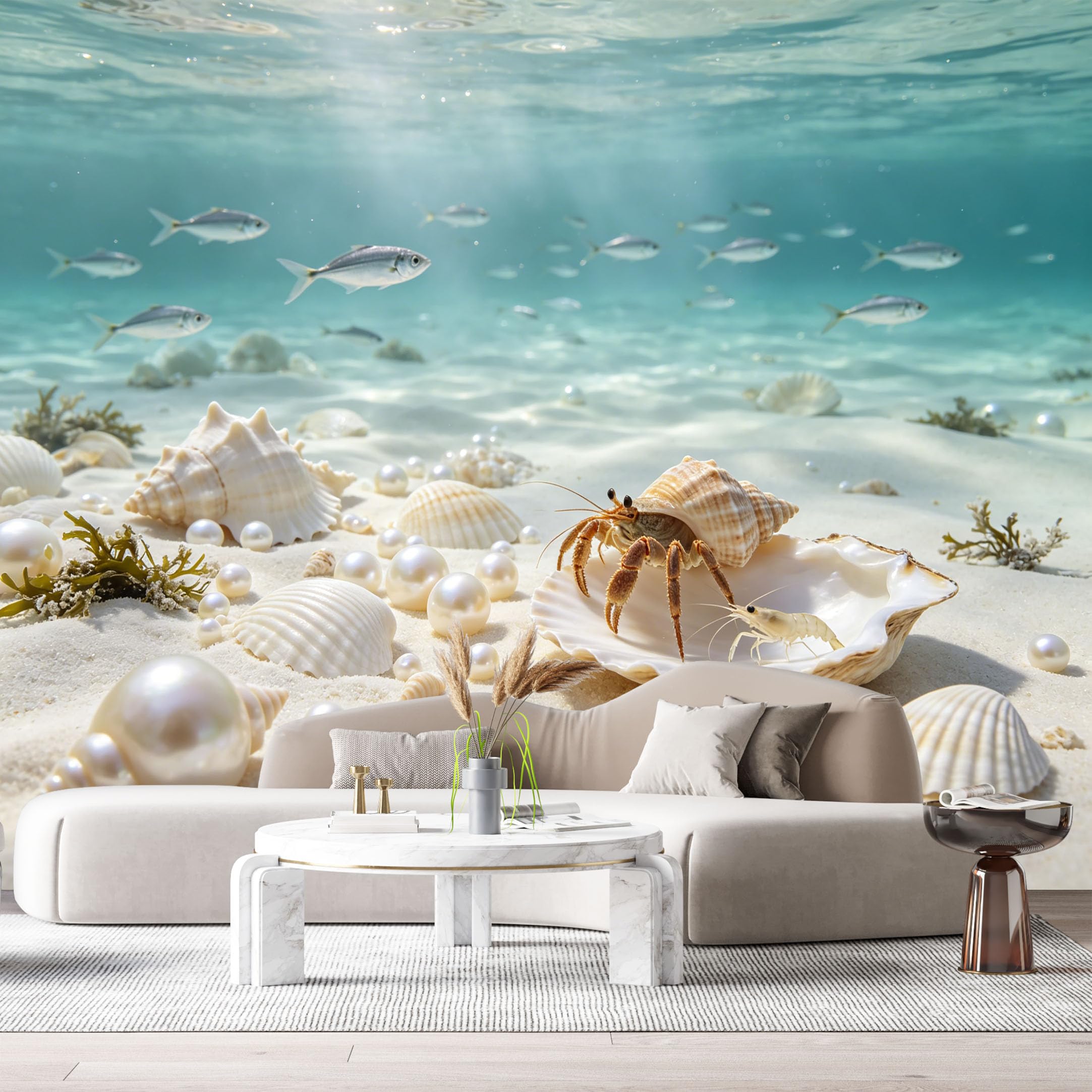 Custom Size Wall Murals Ocean Marine Watercolor Hermit Crab Pearl Shells SelfAdhesiveWall Fabric Removable Wallpaper Wall Decor for Living Room Bedroom Bathroom
