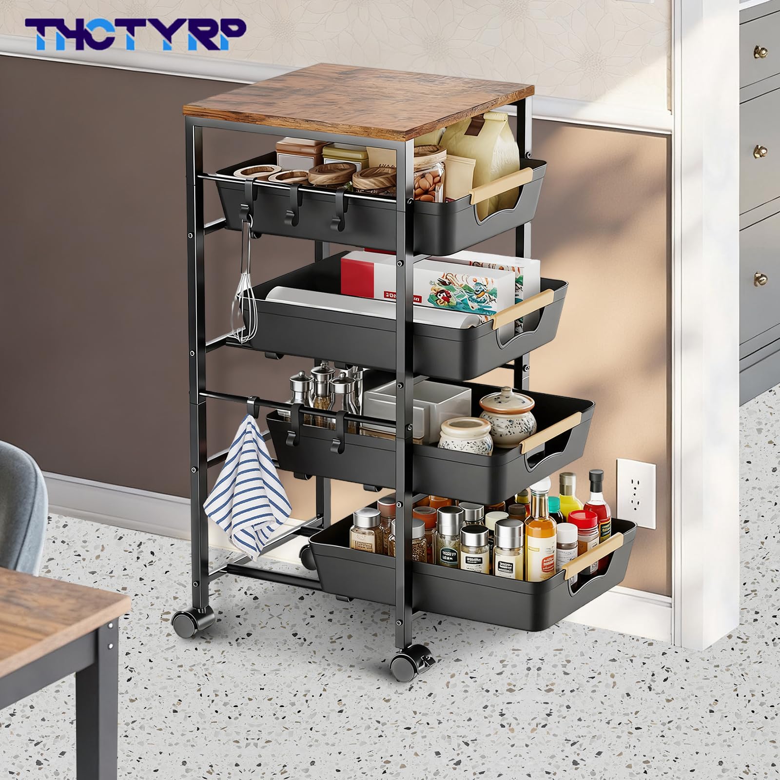 desserte à roulettes, Etagere Salle de Bain, Chariot 5 étages 4 tiroirs, roulettes 360° avec 2 Freins, adapté pour Cuisine et Salon, Salle de Bain, etc.