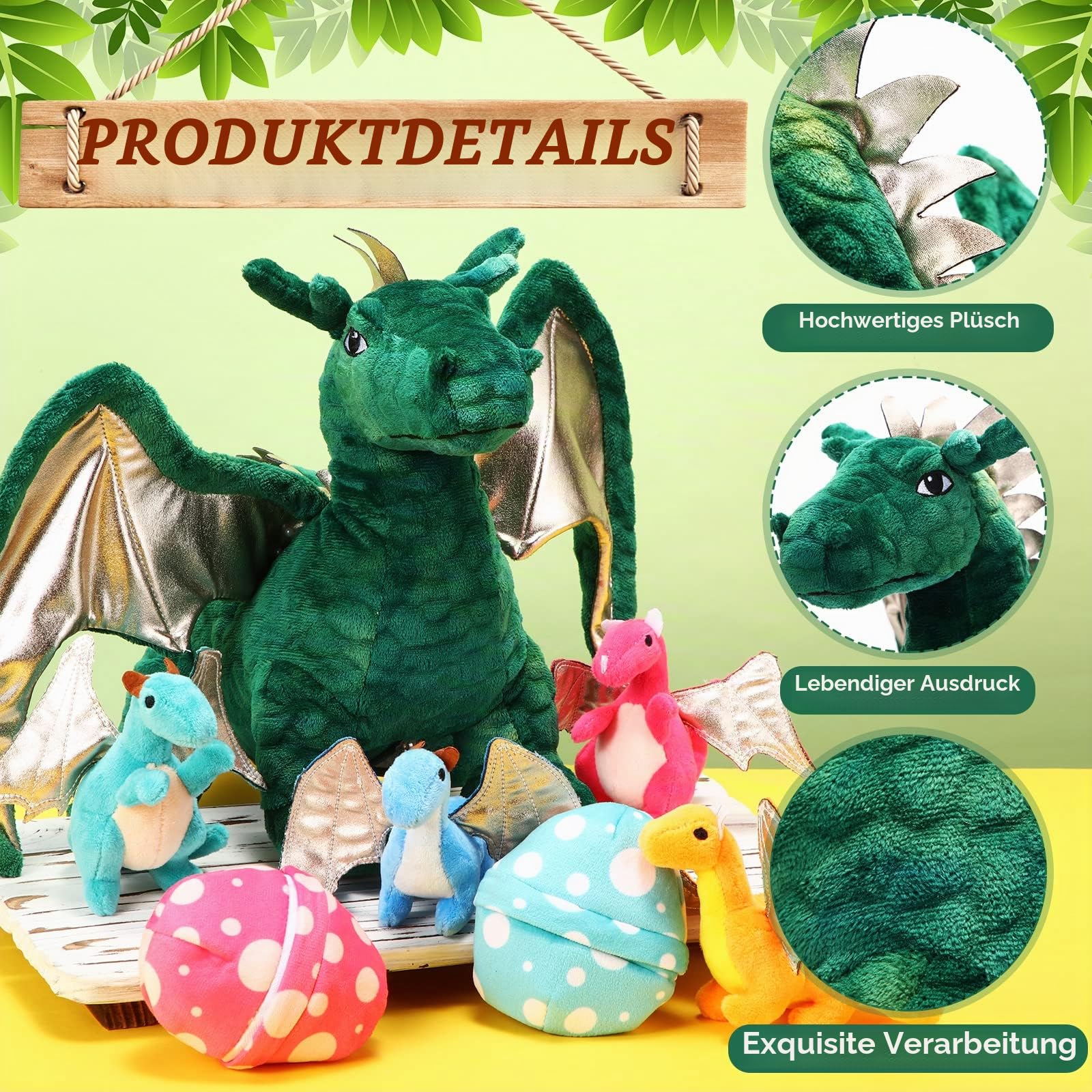 Zomiboo 7 Stück Stofftier Drachen Spielzeugset 40cm Großes Drache Kuscheltier mit 4 Baby-Plüschdrachen und 2 Eiern im Bauch Der Drachenmama Geburtstagsgeschenke für Teenager(Niedlicher Stil)