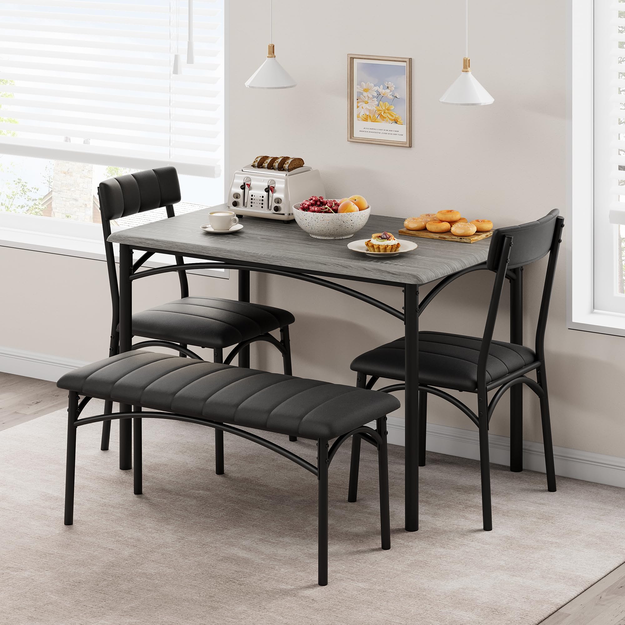 Aptliton Dining Table Set, 4 Piece Space Saving Kitchen Table with 2 Padded Chairs and 1 Bench, Compact Dining Furniture for Small Space, Apartment