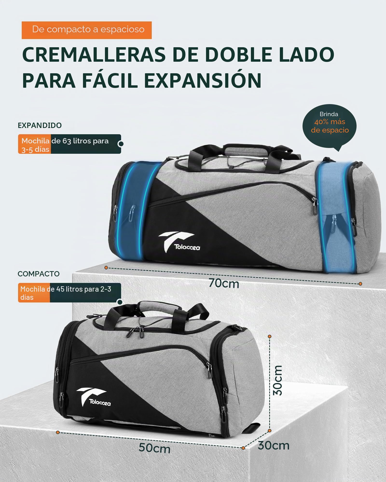 Tolaccea Bolsa Deporte 45-63L Ampliable de para Hombre y Mujer,Bolsa Gimnasio,con Compartimentos de Zapatos y Humedad,Bolsa de Viaje, Yoga, Fin de Semana, Natación,Pilates(Gris)