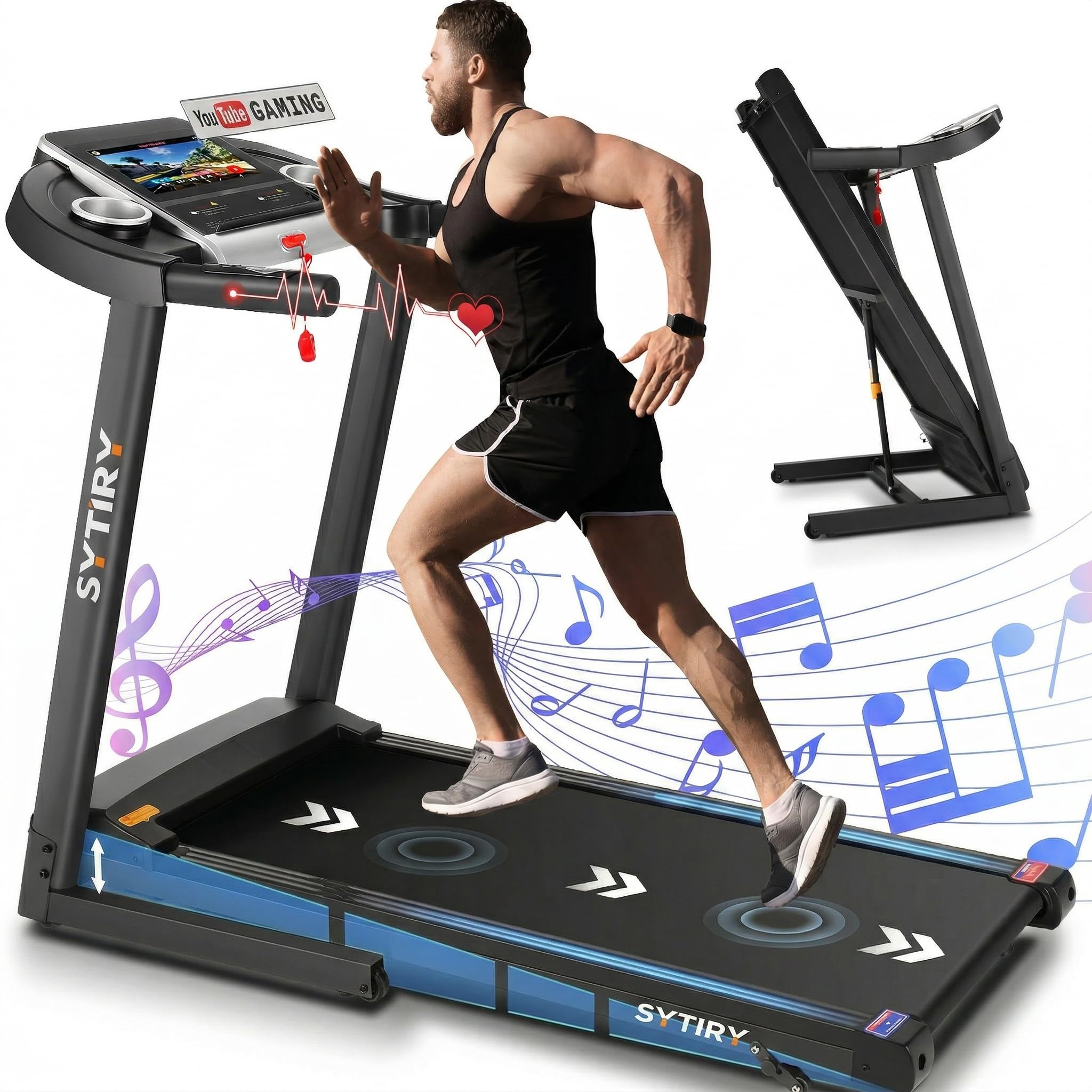 SYTIRY Treadmills for Home with TV Screen and WiFi,Smart Foldable Treadmill Machine,3D Virtual Sports Scene,HiFi Speakers,Popular APP for Social Networking,Video,and Search,Walking Pad Treadmill