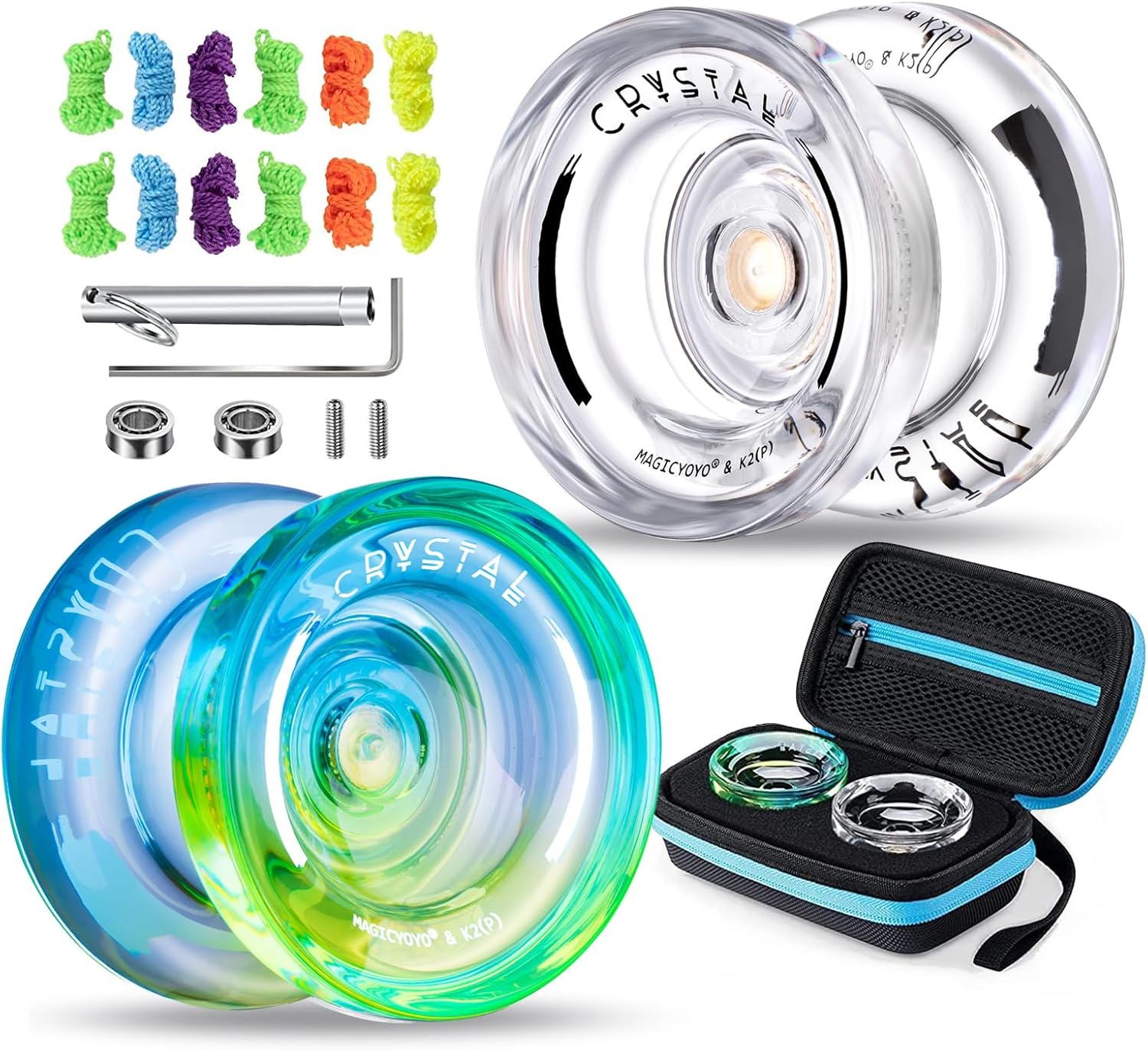 MAGICYOYO Responsive Yoyo for Kids K2 Crystal, Dual Purpose Plastic Yo-Yo for Beginners, Replacement Unresponsive Bearing for Intermediate Advanced with12 Yo-Yo Strings, 2 KK Bearings, 1 Yo-Yo Case