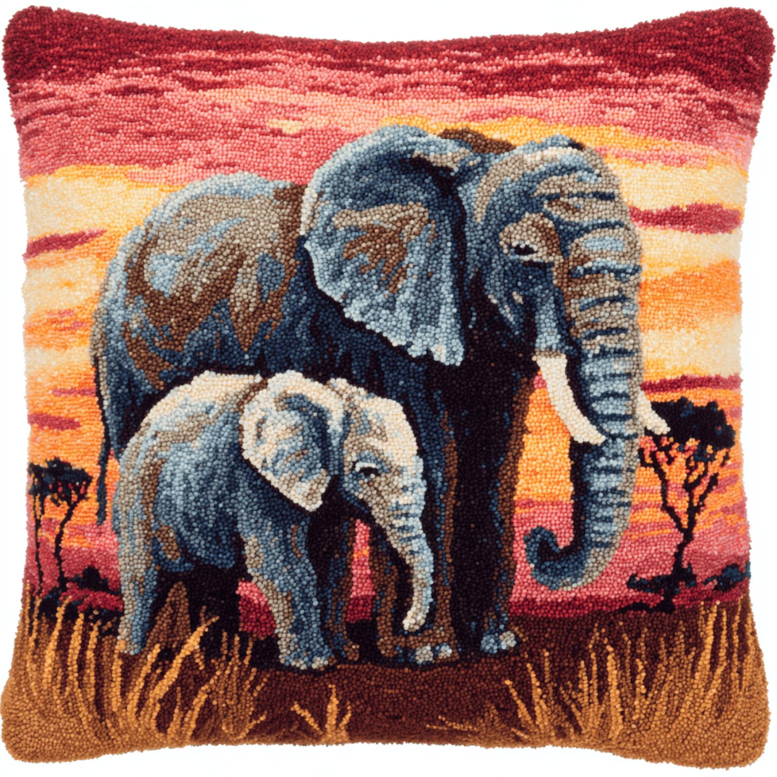 XDEGHUANGSS Latch Hook Cushion Kit,African Elephant Pattern DIY Pillow Cover,Beginner Friendly Tufting Yarn Craft Kit,Handmade Sofa Cushion Cover,Latch Hook Pillow Kit for Home Decor & Gift,43x43 cm