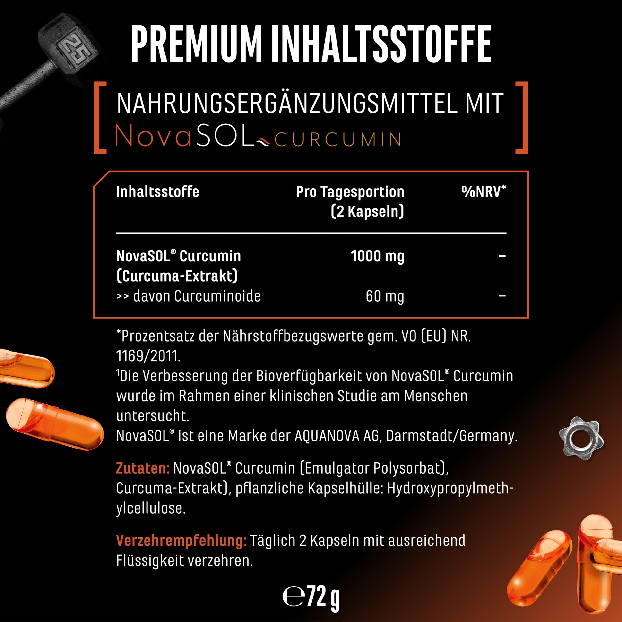 Curcuma NovaSol® - 120 Liquid Kapseln - 1000 mg Curcumin pro Tagesportion - Mit patentiertem NovaSOL - 185 x höhere Bioverfügbarkeit durch flüssige Kurkuma Form - vegan